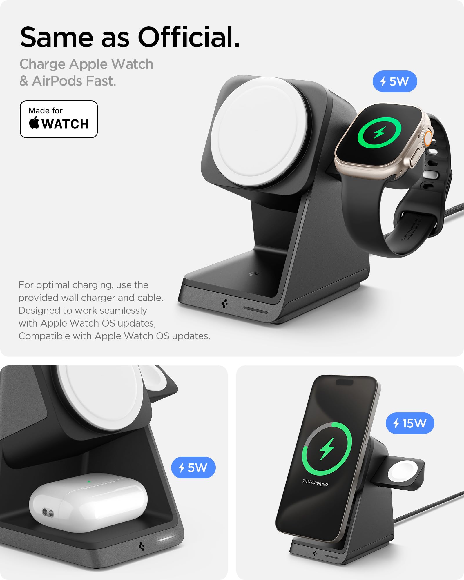 Spigen 3-in-1 Wireless Charging Station | Certified MagSafe Charger Stand with 15W Fast Charging for iPhone 16 Series (Pro Max/Pro/Plus) & iPhone 15/14/13 | Compatible with AirPods, Apple Watch 10 & Ultra 2 | Perfect for Home, Office & Travel Use