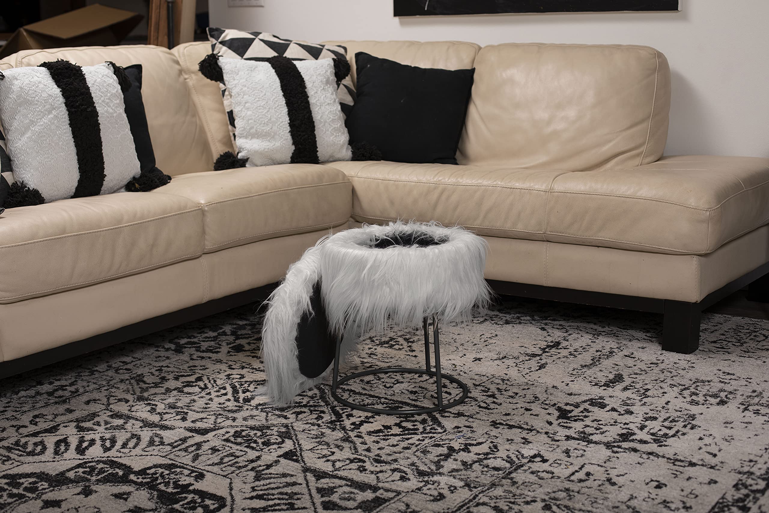 BIRDROCK HOME Round Faux Fur Vanity Stool with Storage - Fluffy Makeup Chair with Metal Legs - Soft Padded Footrest for Bedroom, Dressing Table & Closet Organization - Compact Stylish Grey Seat with Silver Legs - Perfect for Vanity Makeup, Bedroom Decor & Small Space Storage Solutions