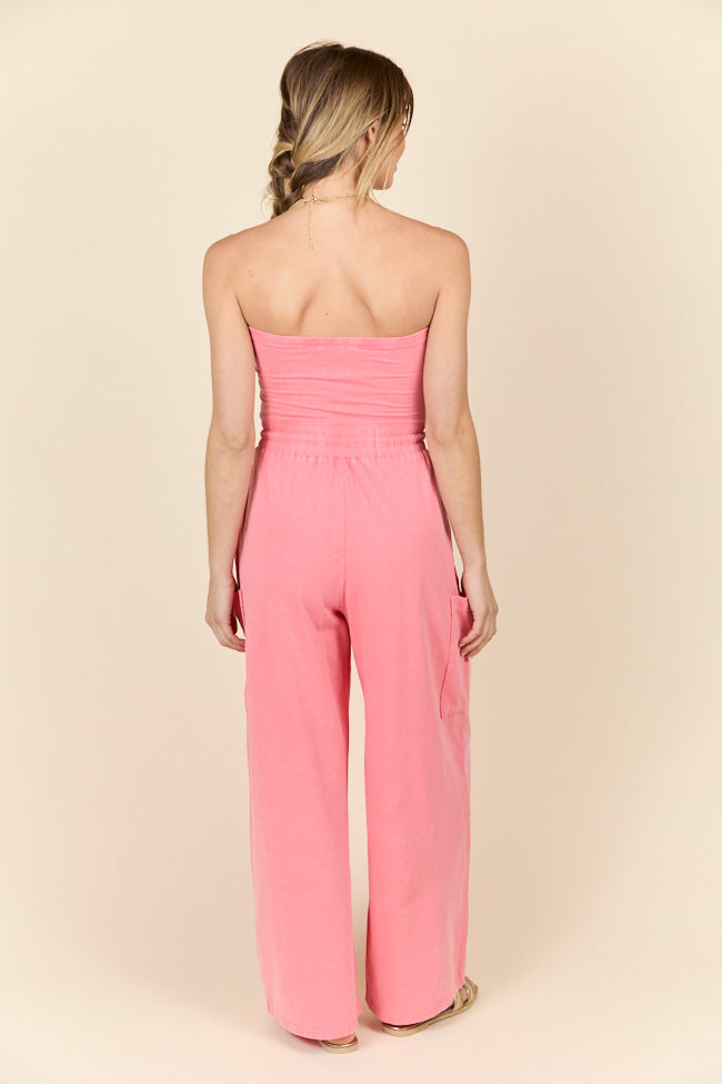 Kind Energy Coral Strapless Knit Jumpsuit for Women - Summer Beachwear & Party Outfit - Comfortable Stretchy Fabric, Flattering Fit - Perfect for Vacations, Weddings & Date Nights