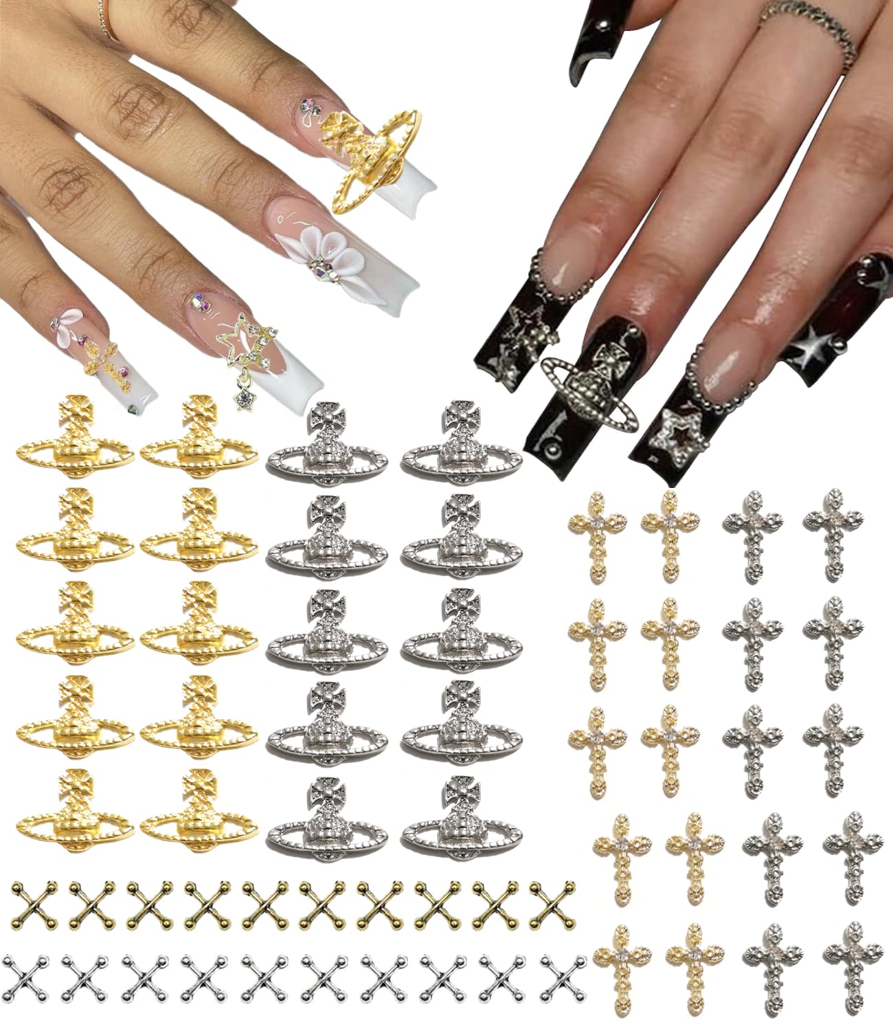 60Pcs 3D Y2K Kawaii Planet & Cross Nail Charms - Gold and Silver Nail Art Gems for Acrylic Nails, DIY Nail Jewelry Decorations for Women & Girls | Perfect for Party, Festival, and Everyday Nail Art Designs