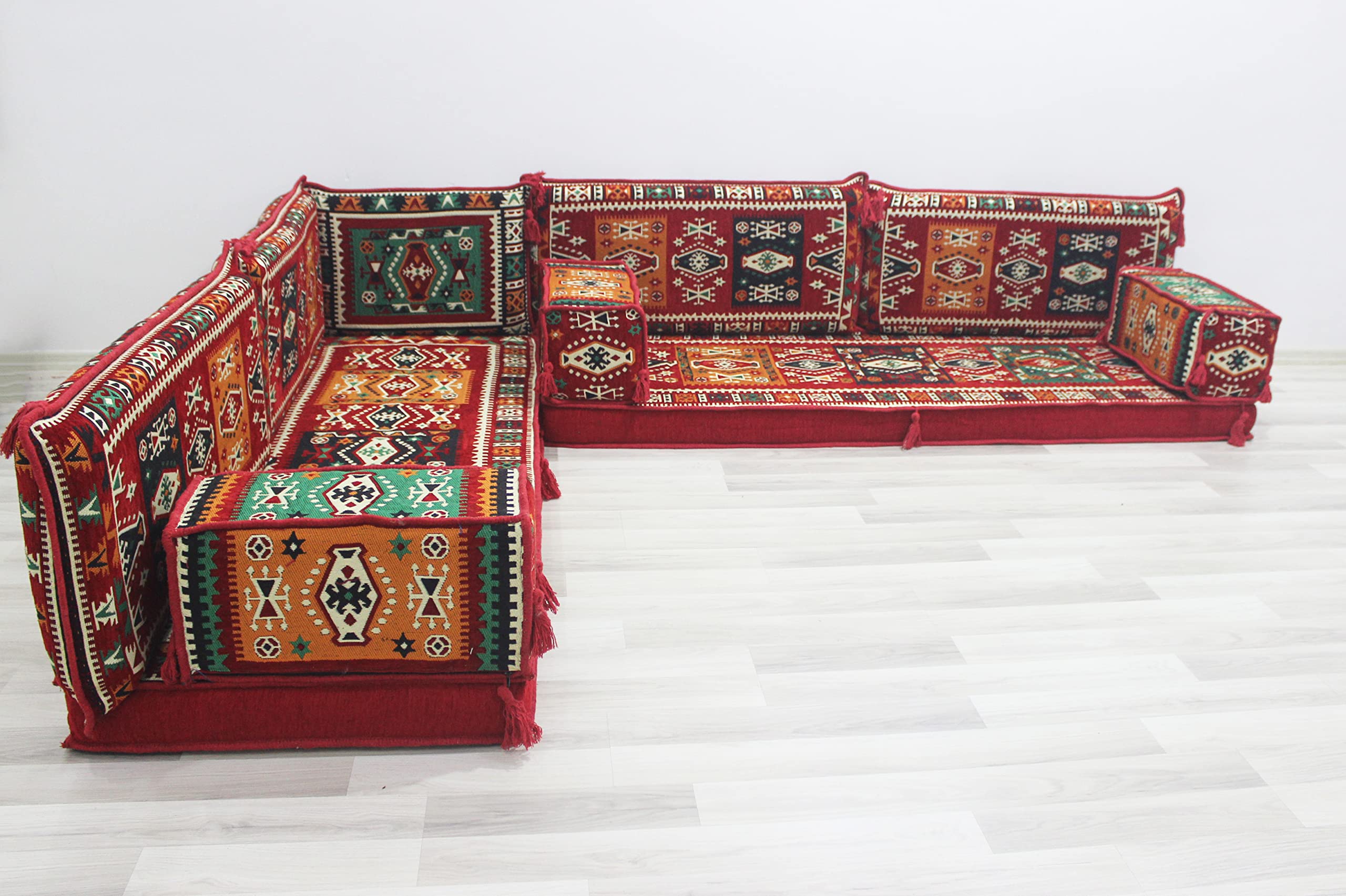 Stylish L-Shaped Floor Couch - Modern Indoor/Outdoor Lounge Furniture with Ottoman & Floor Pillows - Perfect for Arabic Majlis, Turkish Decor, Patio Seating & Cozy Living Room