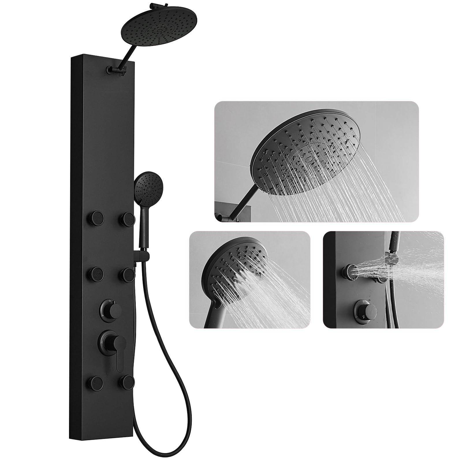 Homevacious Matte Black Stainless Steel Shower Panel System - Adjustable Rainfall Shower Head with 6 Body Jets & 4-Setting Handheld Shower | Wall Mounted Bathroom Spa Experience for Full Body Relaxation | Perfect for Master Bathrooms, Luxury Showers & Modern Home Renovations