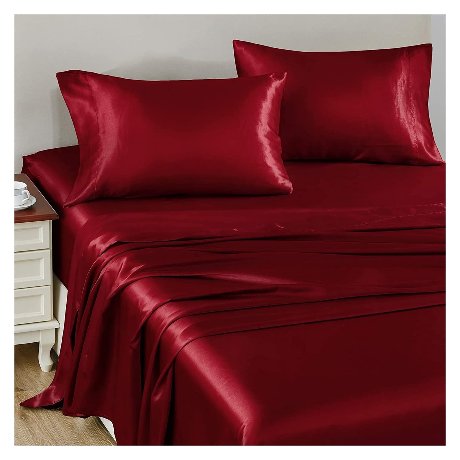 QLAZO Luxury Satin King Size 4-Piece Bed Sheet Set - Soft Microfiber Comforter Sheets with Deep Pocket Fitted Sheet, Flat Sheet & 2 Pillowcases - Black Silky Smooth Bedding for Ultimate Comfort | Perfect for Master Bedroom, Guest Room & Hotel Style Decor
