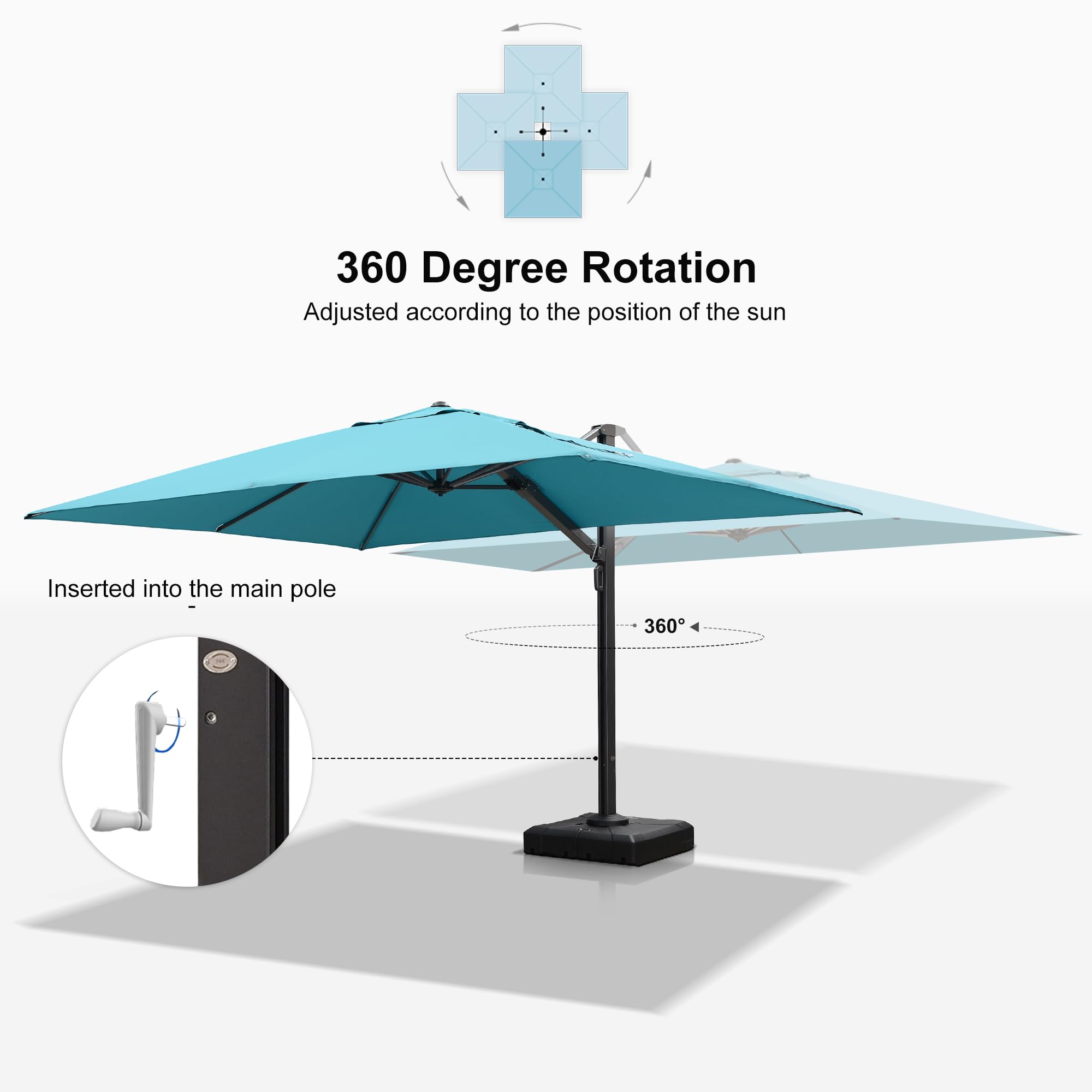 Large 10x13ft Offset Patio Umbrella with 360° Rotation - Turquoise Blue for Pool & Backyard