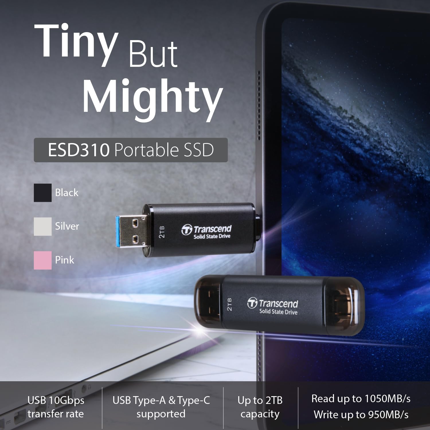 Transcend 310C 1TB External SSD Portable Hard Drive - USB C & USB 3.2 Gen 2 Compatible, 1050MB/s High Speed, Shockproof & Lightweight - Perfect for iPhone 15 Pro Max, MacBook, iPad, PC, Laptop & Desktop - 5 Year Warranty (Black) | Great for Gaming, Video Editing & Data Backup