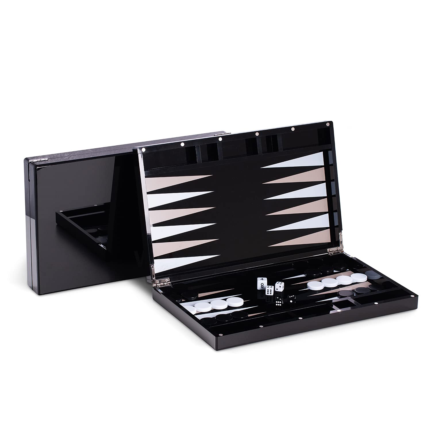 Premium Acrylic Backgammon Set with Black & White Pieces & Leather Dice Cups - Luxury Board Game for Family Game Night, Coffee Table Decor, and Gifts