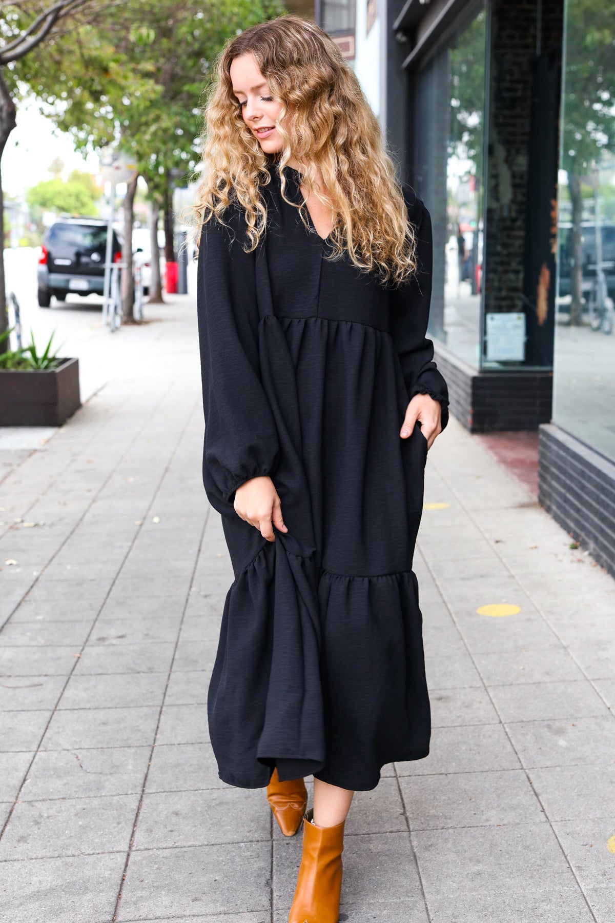 Elegant Black Notched Neck Frill Hem Tiered Maxi Dress for Women - Perfect for Weddings, Parties & Evening Events