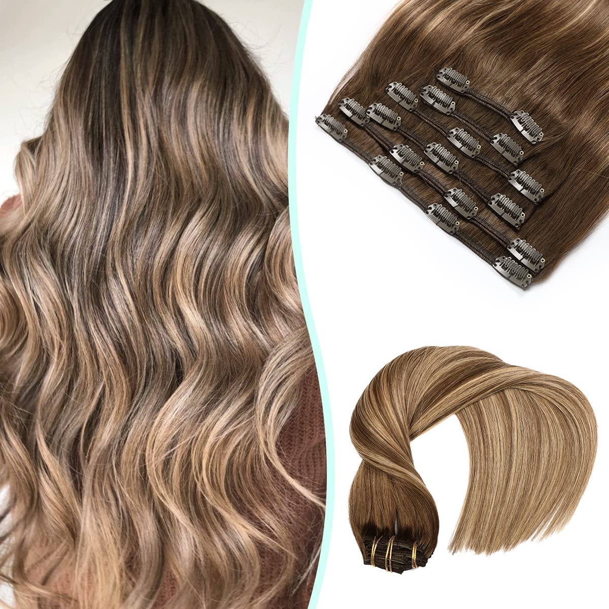 VINBAO 20 Inch Clip In Human Hair Extensions - 6pcs 120g Double Drawn Remy Hair (#4/27/4) Balayage Chocolate Brown to Caramel Blonde - Perfect for Parties, Weddings & Daily Styling