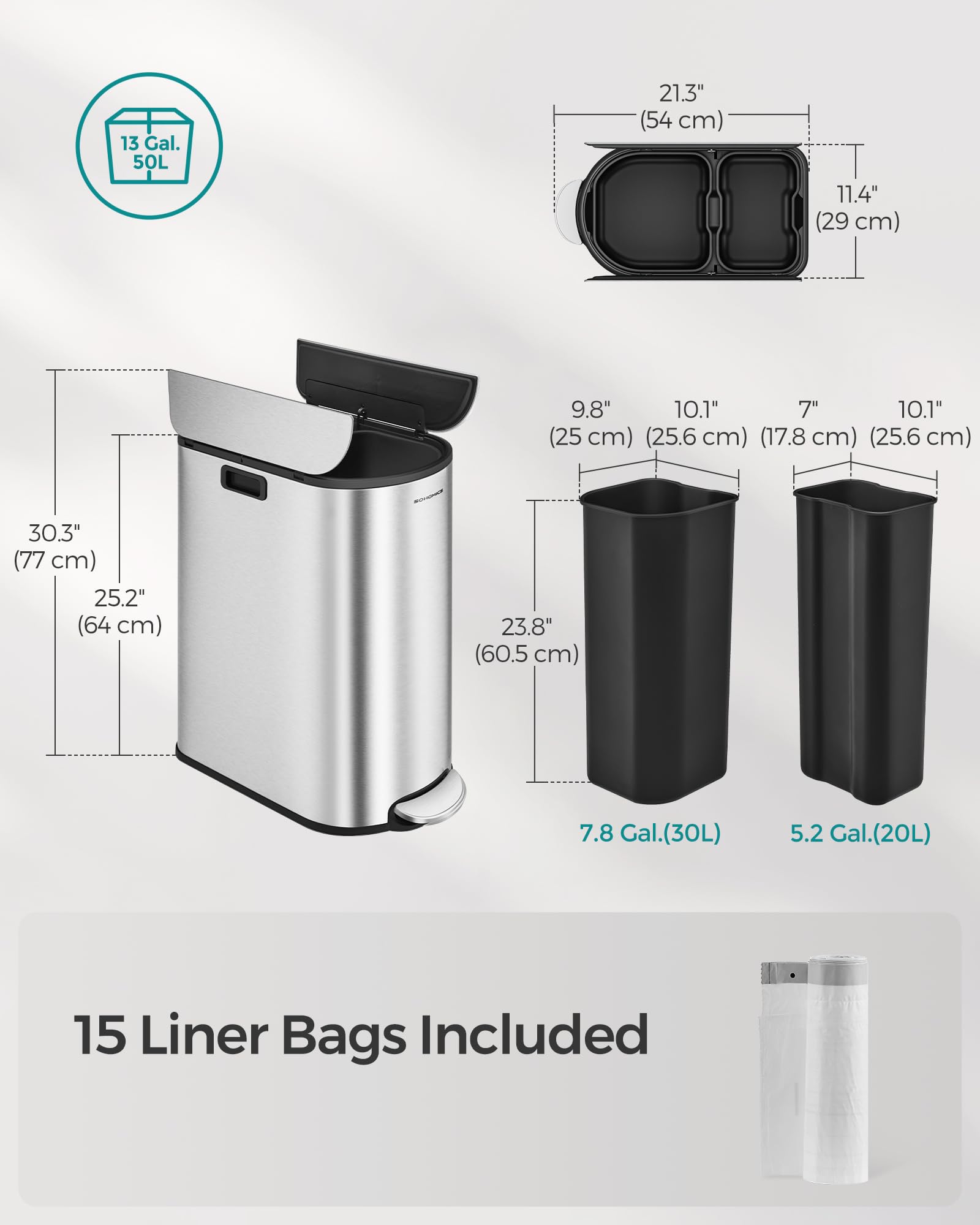 SONGMICS 13-Gallon Dual Compartment Stainless Steel Kitchen Trash Can with Soft Close Wing Lids - 5.3 & 8 Gallon Inner Buckets, Metallic Silver ULTB570E50 | Perfect for Home, Office, Restaurant & Commercial Use