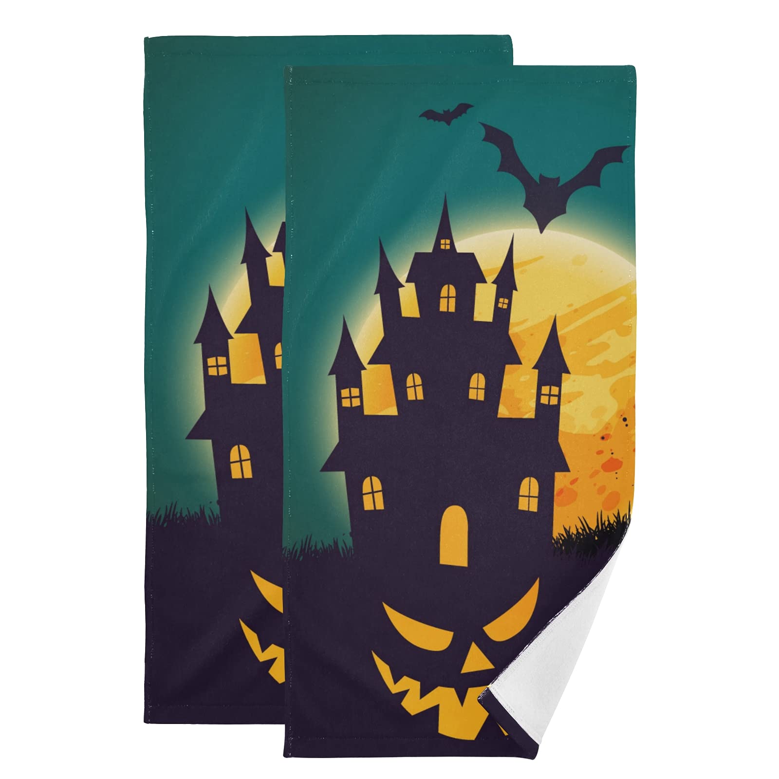Haunted House Halloween Hand Towels - 2 Pack Absorbent Soft Face & Fingertip Towels (28x14 Inches) for Bathroom, Kitchen, Gym, Yoga - Spooky Decor & Guest Towels for Halloween Parties & Home Decor