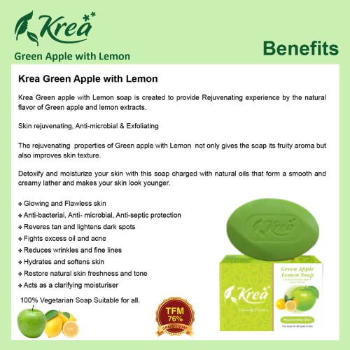 Krea Green Apple & Lemon Scented Soap Bar - Pack of 5 | Natural Handmade Soap for Moisturizing & Refreshing Skin | Perfect for Bath, Shower & Gift Sets