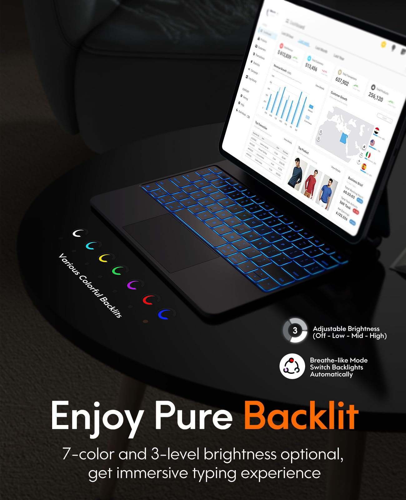 CHESONA iPad Pro 13 inch Case 2024 with Backlit Keyboard - Floating Stand, Smart Trackpad, 7-Color RGB Lighting & Battery Display | Protective Keyboard Case for iPad Pro 13 (M4) | Perfect for Work, Study & Travel | Black