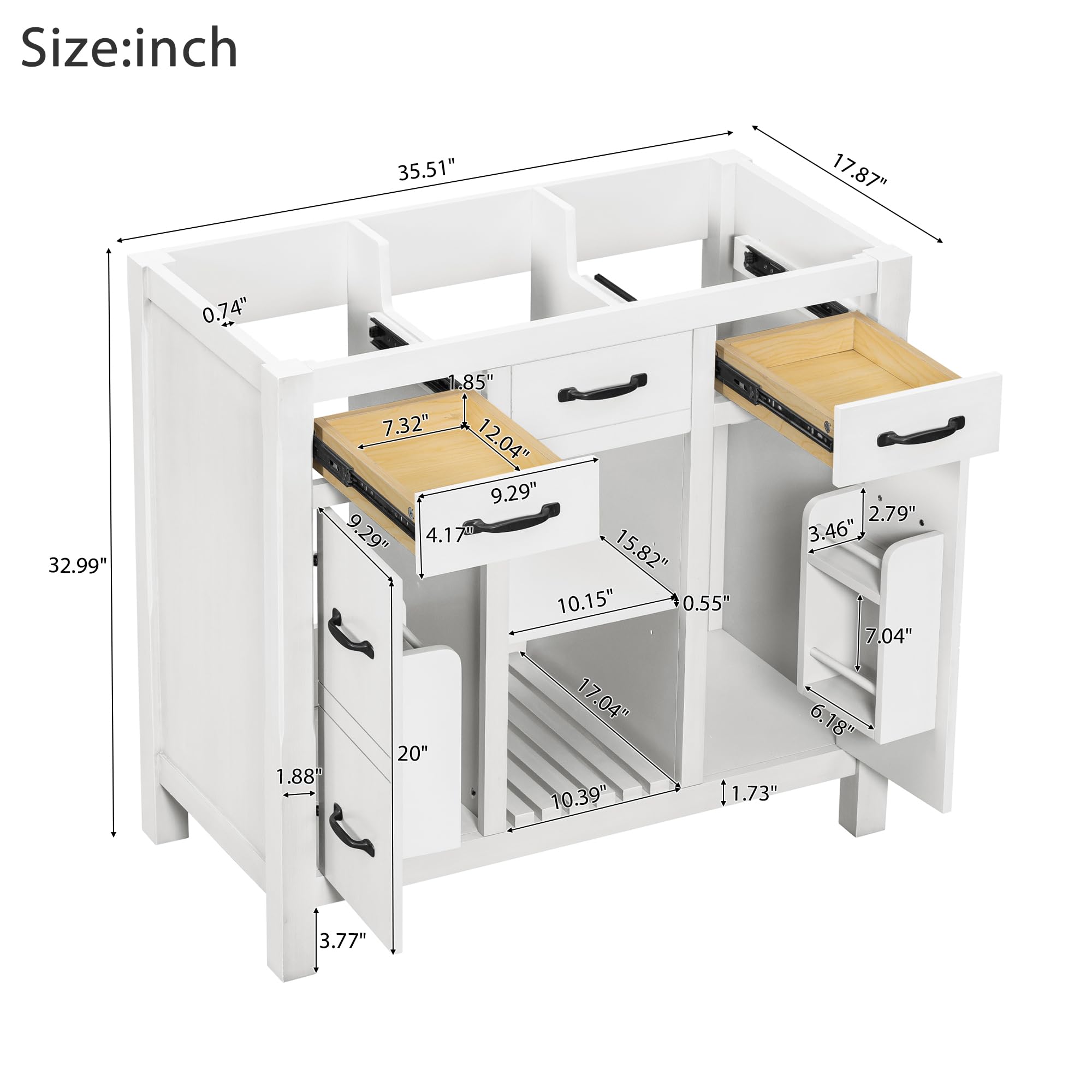 36 Inch White Modern Bathroom Vanity Without Sink - Solid Wood Storage Cabinet with 2 Drawers, 1 Open Shelf & 2 Small Cabinets - Perfect for Bathroom Organization and Small Space Storage Solutions
