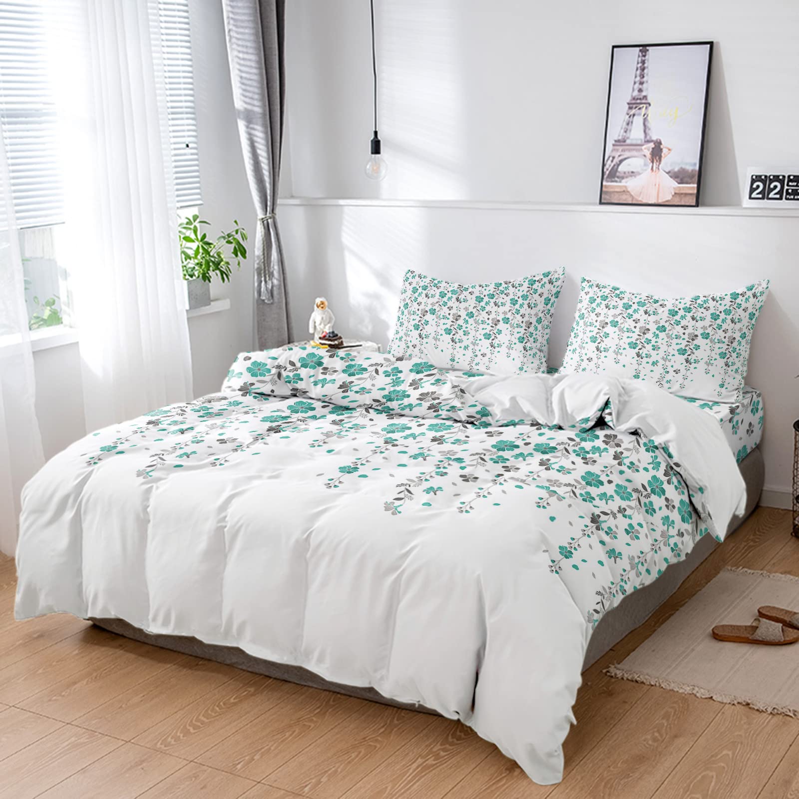 4-Piece Twin Duvet Cover Set - Teal Floral Fallen Leaves Design, Ultra Soft Breathable Bedding with 2 Pillow Shams, Retro Leaf Vine Pattern on White Background for All Seasons | Perfect for Guest Rooms, Dormitories & Cozy Bedroom Decor