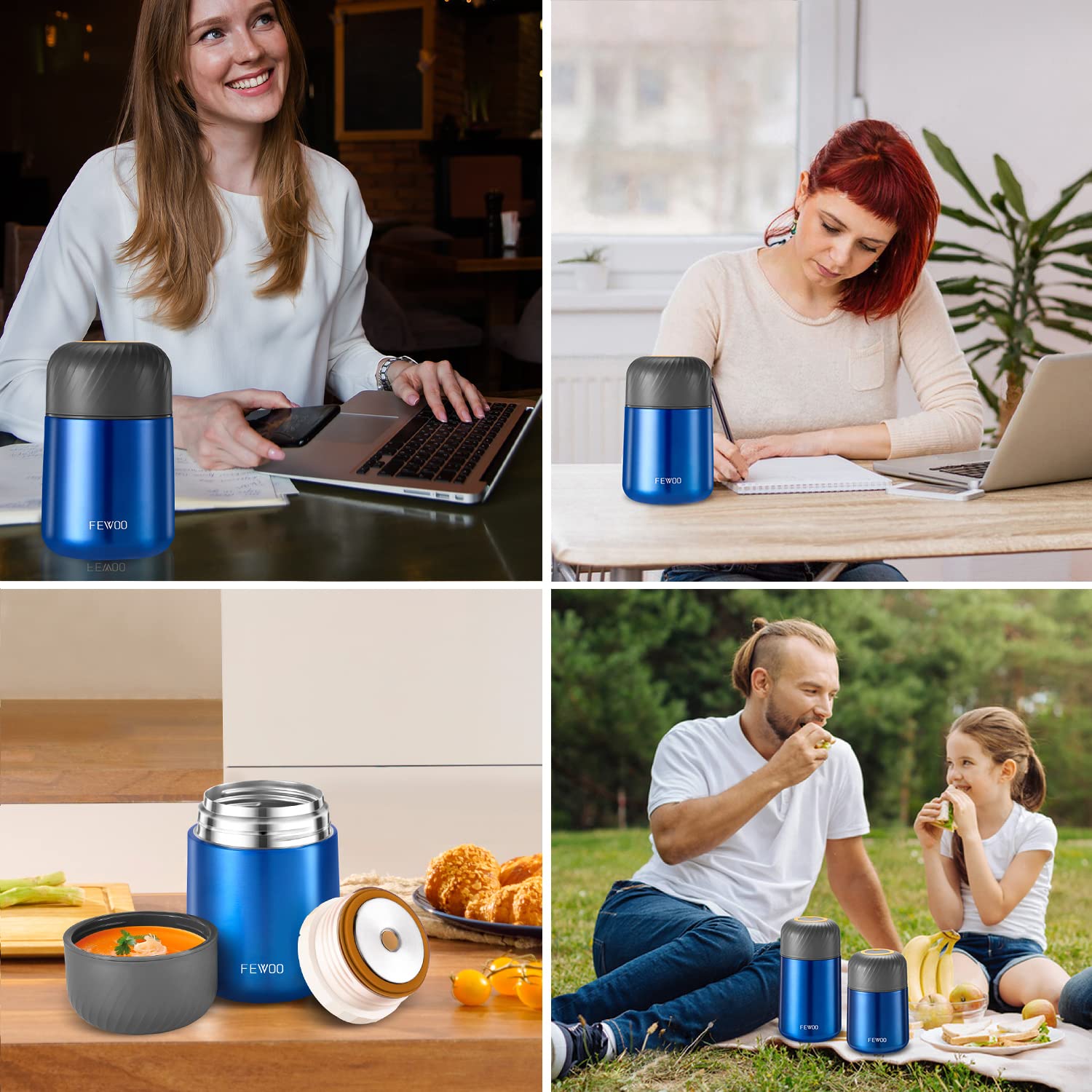 FEWOO 20oz Vacuum Insulated Stainless Steel Food Jar - Leak Proof Soup Thermos for Kids & Adults, Hot Cold Lunch Container with Foldable Spoon (Bright Blue) - Perfect for School, Office, Picnics & Outdoor Activities