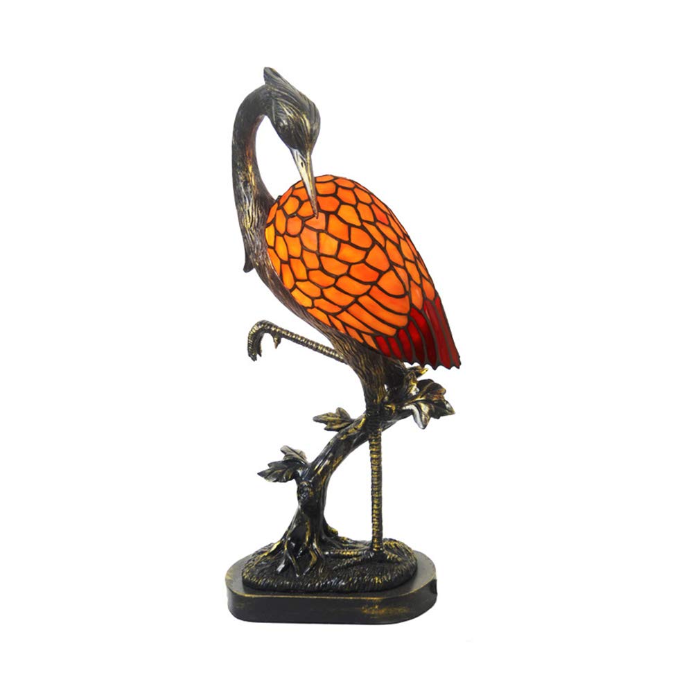 LITFAD Tiffany Style Crane Bird Table Lamp - Vintage Stained Glass & Resin LED Desk Light with Vivid Brass Base - Orange Night Light for Bedroom, Living Room, Hotel & Restaurant Decor | Perfect for Reading, Ambient Lighting & Home Office