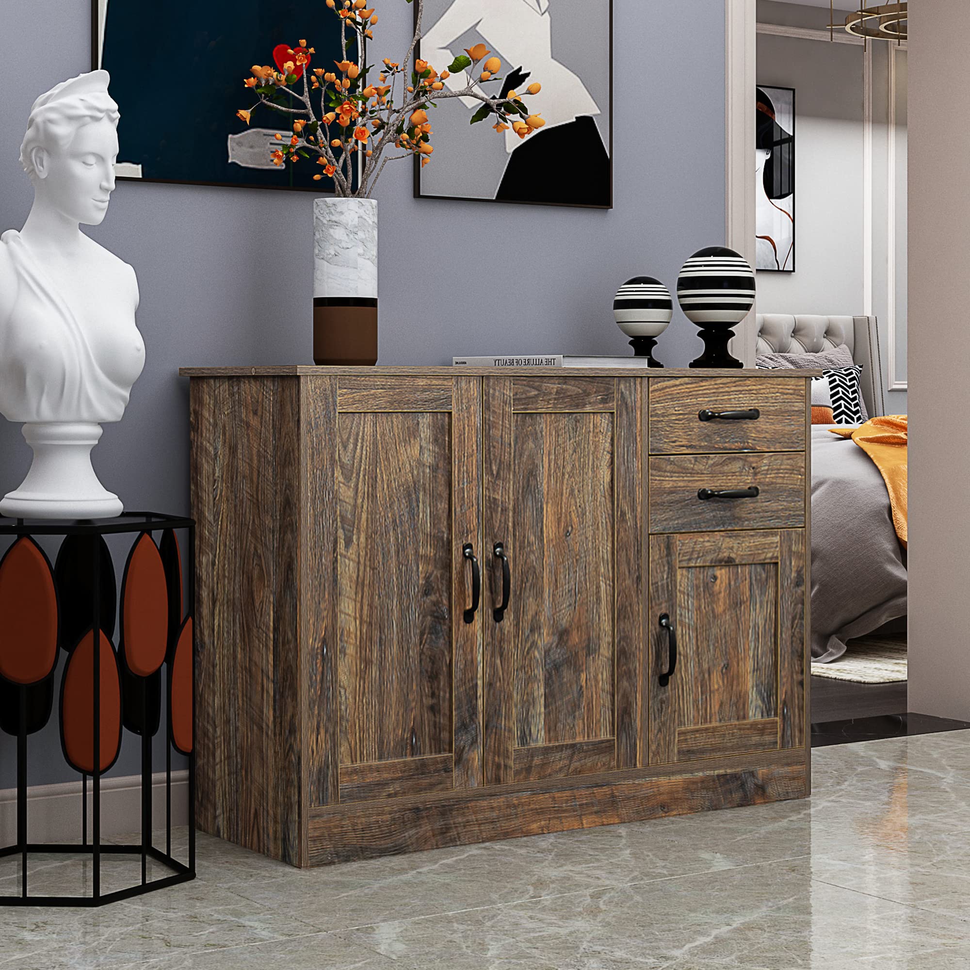 Farmhouse Style Distressed Wood Buffet Sideboard with Adjustable Shelf - Espresso Storage Cabinet for Entryway, Kitchen & Dining Room | Perfect for Home Decor, Entertaining & Extra Storage
