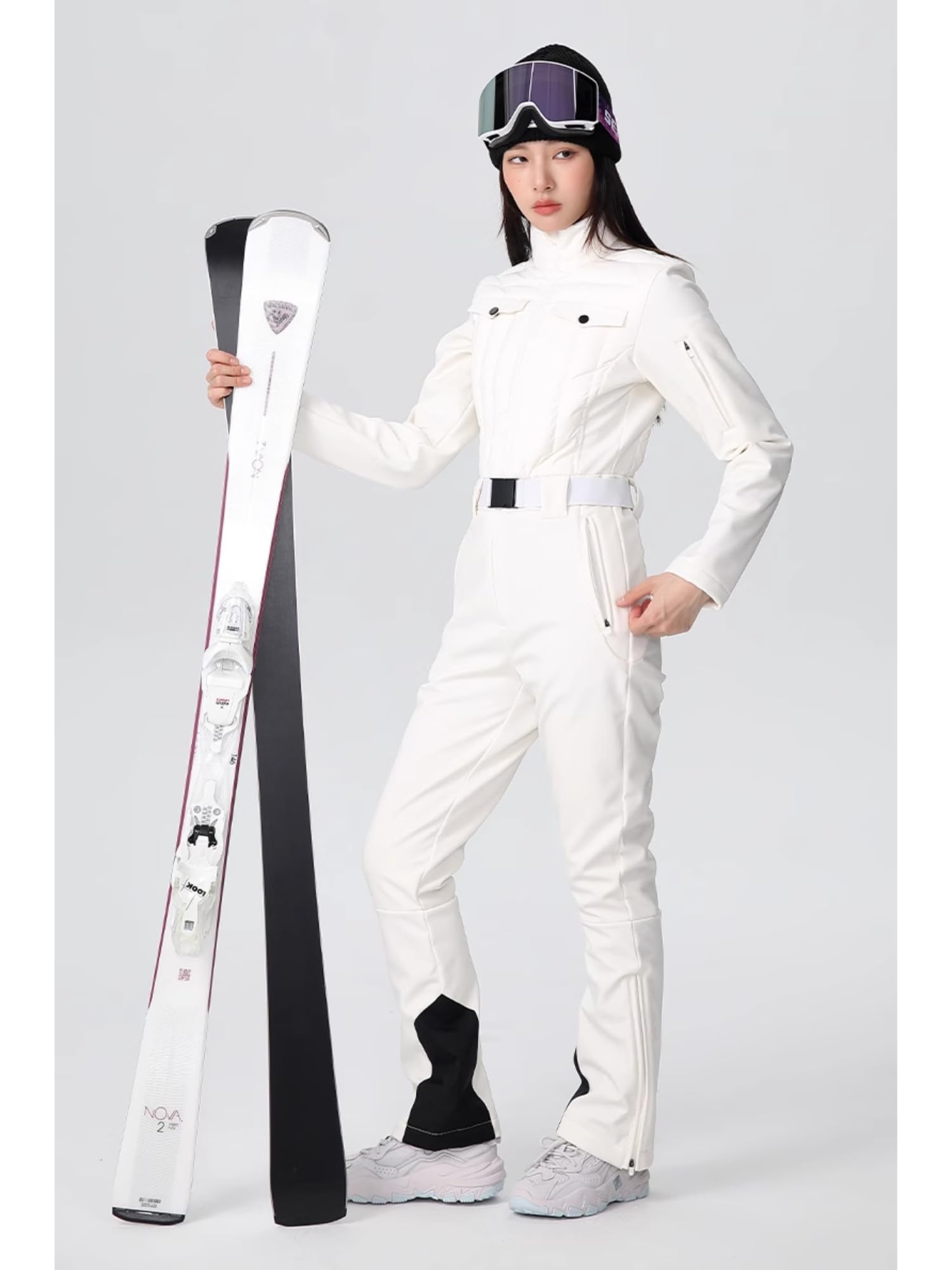 Women's Insulated Down Slim Snowboard Jumpsuit - Waterproof Winter Ski Suit with Stand Collar & Elastic Belt | Warm One-Piece Snowsuit for Skiing, Snowboarding & Cold Weather Outdoor Activities