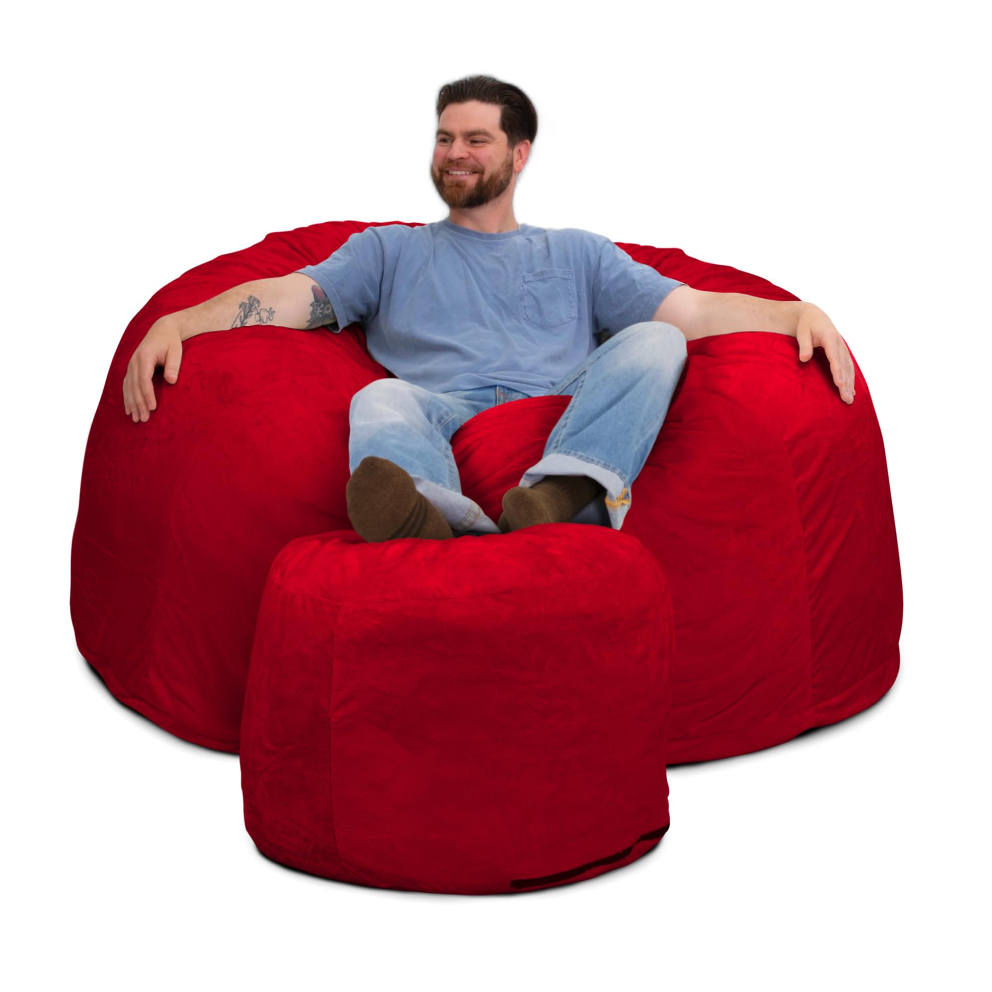 ULTIMATE SACK 5ft Oversized Bean Bag Chair with Footstool - Giant Comfortable Bean Bag Sofa for Adults, Lounge Chair & Loveseat Furniture - Plush Red Fur for Living Room, Bedroom & Game Room Relaxation