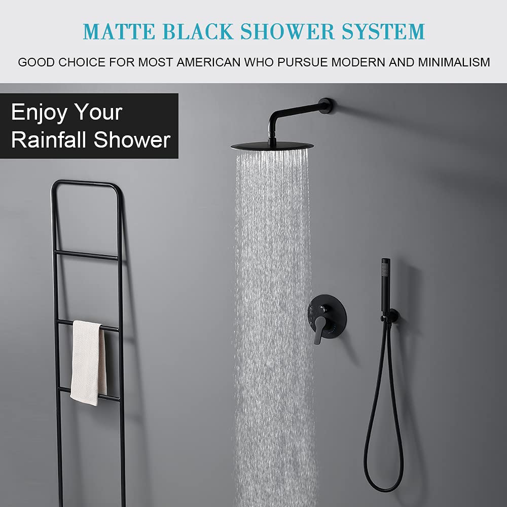 Matte Black Shower Faucet Set - 10 Inch Rainfall Shower Head with Handheld Sprayer, Wall Mounted Bathroom Shower System (Round Black Design + Rough Valve) - Perfect for Modern & Luxury Bathroom Renovations