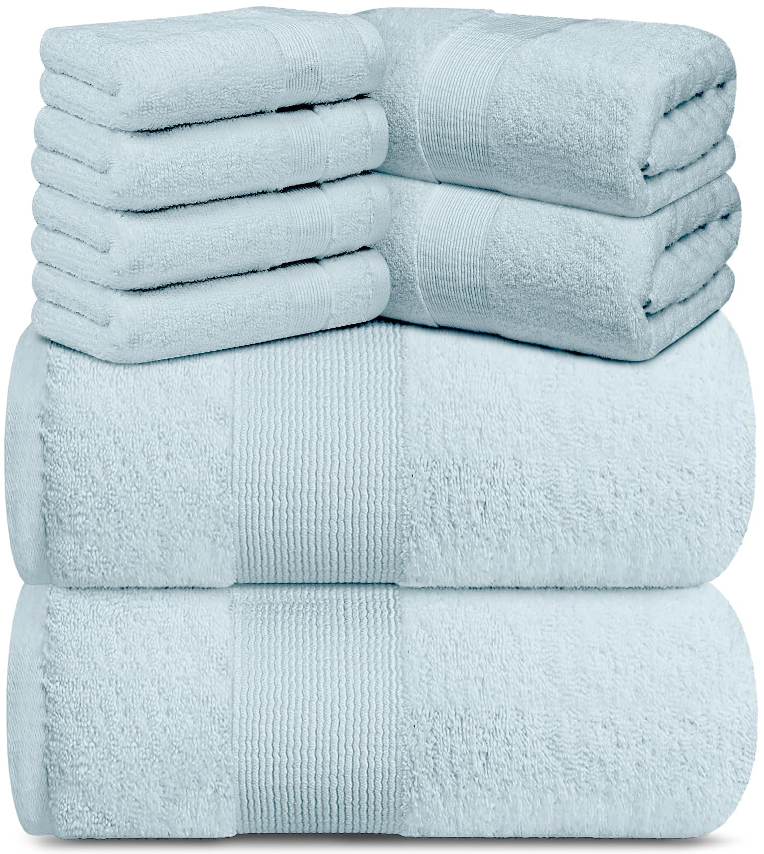Premium 8-Piece White Classic Resort Bath Towel Set - Ultra Soft, Plush & Absorbent Cotton Towels (2 Bath, 2 Hand, 4 Washcloths) | Luxury Hotel Quality for Spa, Bathroom & Beach Use - Light Blue