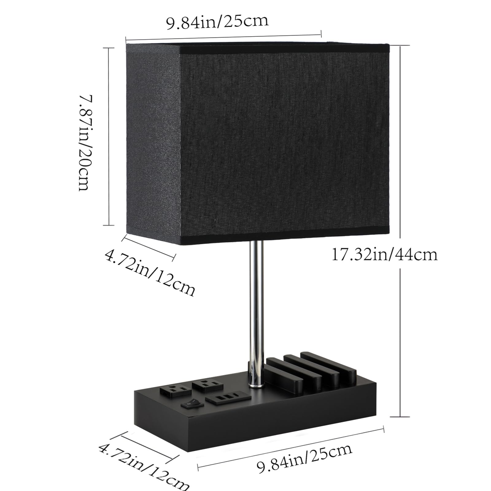 Briever USB Table Lamp with 2 AC Outlets & 3 USB Ports - Multi-Functional Bedside Desk Lamp with Wooden Phone Stand - Modern Nightstand Lamp for Bedroom, Office, Dorm - Black Shade (Perfect for Reading, Charging Devices & Organizing Small Spaces)