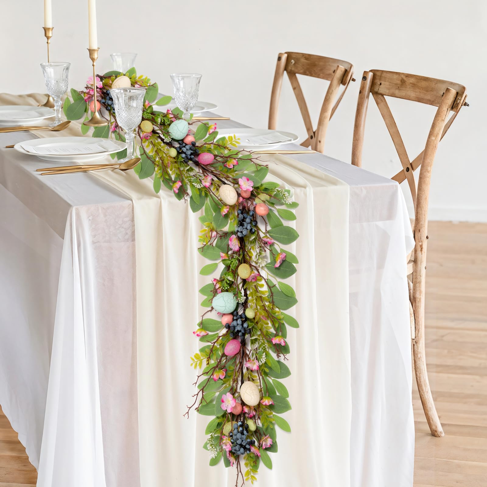 6FT LED Easter Garland with Artificial Eggs & Pip Berries - Spring Vine String Lights for Fireplace Mantle, Arch Decor, Wreath Making - Perfect for Easter, Spring Home Decor & Party Decoration (Rhododendron Design)