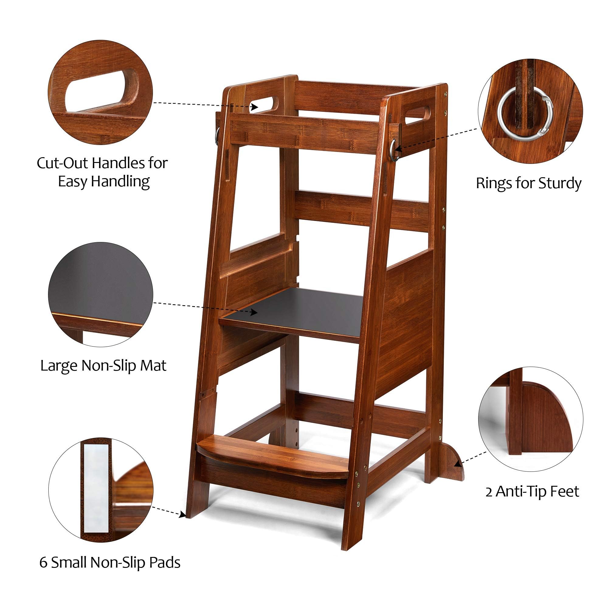 TOETOL Adjustable Bamboo Toddler Step Stool - Anti-Slip Kitchen Helper Tower for Kids | Safe Learning Stool for Cooking, Baking & Playtime Activities