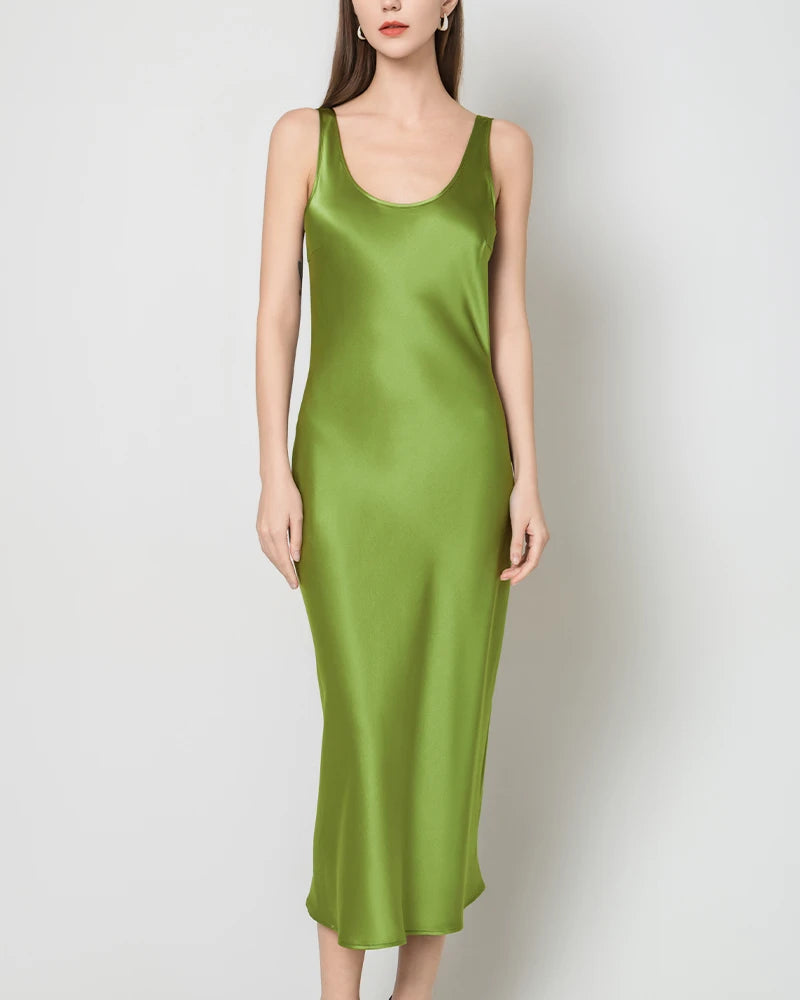 Elegant Scoop Neck Midi Silk Slip Dress for Women - Comfortable & Luxurious Nightwear, Loungewear & Evening Wear