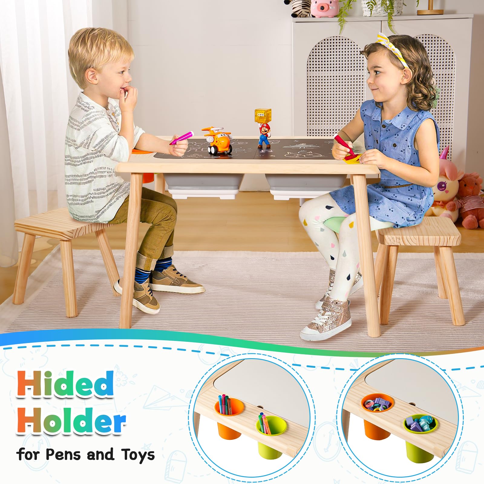 **Kids Sensory Table with 2 Stools & Storage Bins - Multifunctional Toddler Play Sand & Art Activity Table for Indoor Learning, Drawing & Creative Play - Perfect for Preschool, Daycare & Home Use**