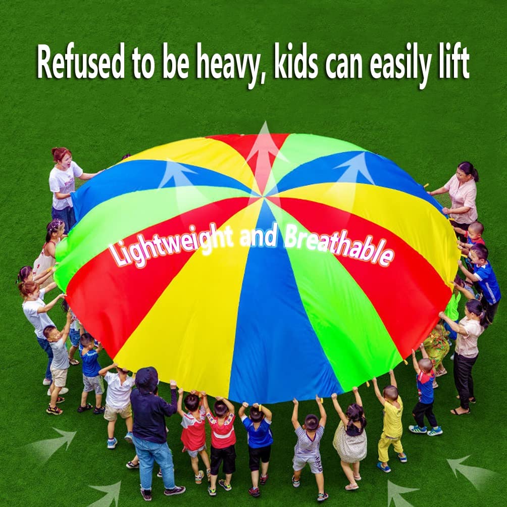 1-12M Kids Rainbow Play Parachute - 8m/26.24ft Outdoor Activity Toy for Field Day, Carnival Games & Team Building - Perfect for Preschool Playtime, Birthday Parties & Family Reunions