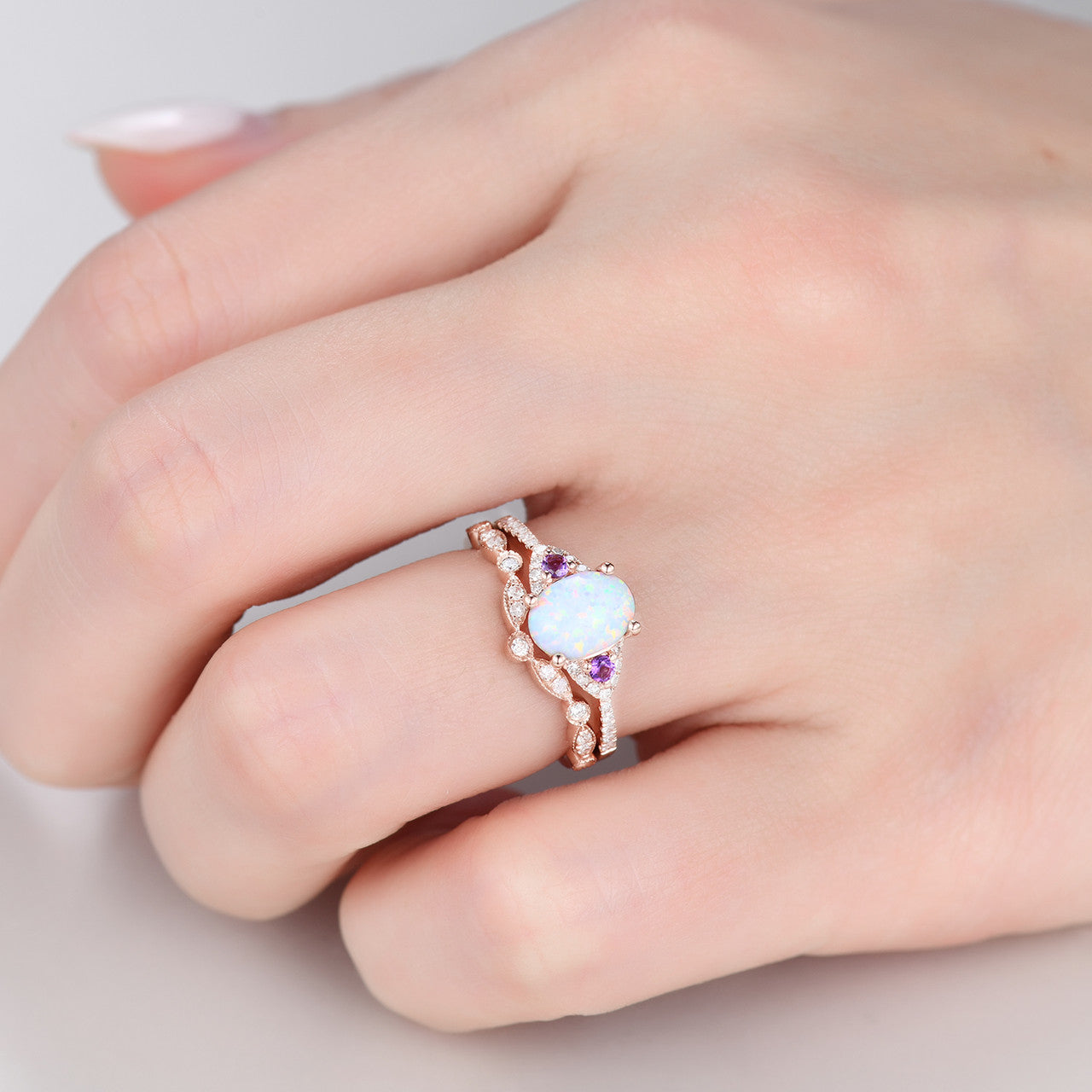Vintage Art Deco Oval Opal Diamond Engagement Ring for Women - 14K Rose Gold Wedding Band with Amethyst Accent - Perfect for Proposals, Anniversaries & Special Occasions