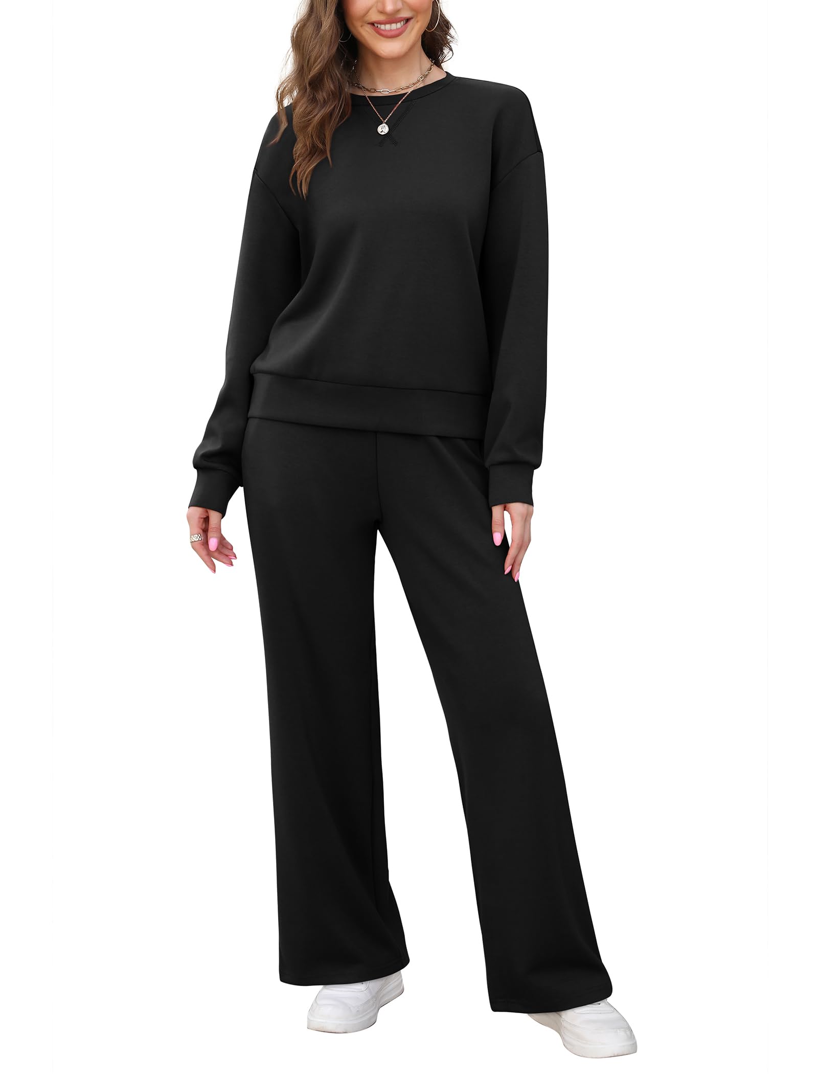 Women's 2-Piece Lounge Set - Soft Crewneck Sweatshirt & Wide Leg Sweatpants Matching Outfit | Cozy Fall Travel Jogger Suit for Home, Yoga & Casual Wear