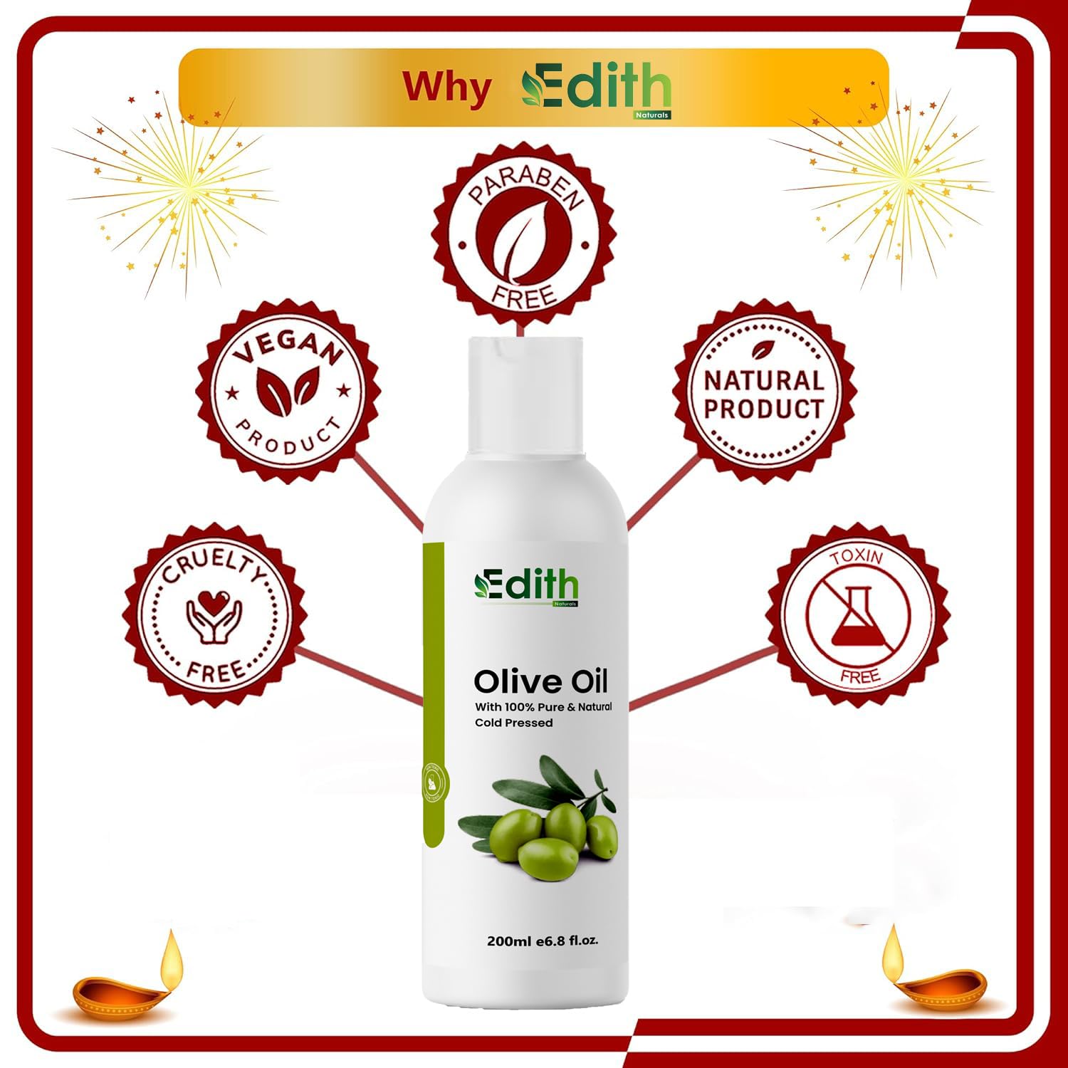 100% Pure Cold Pressed Olive Oil for Hair & Skin Care - 200ml | Natural Moisturizer for Men & Women | Perfect for Massage, DIY Beauty & Cooking