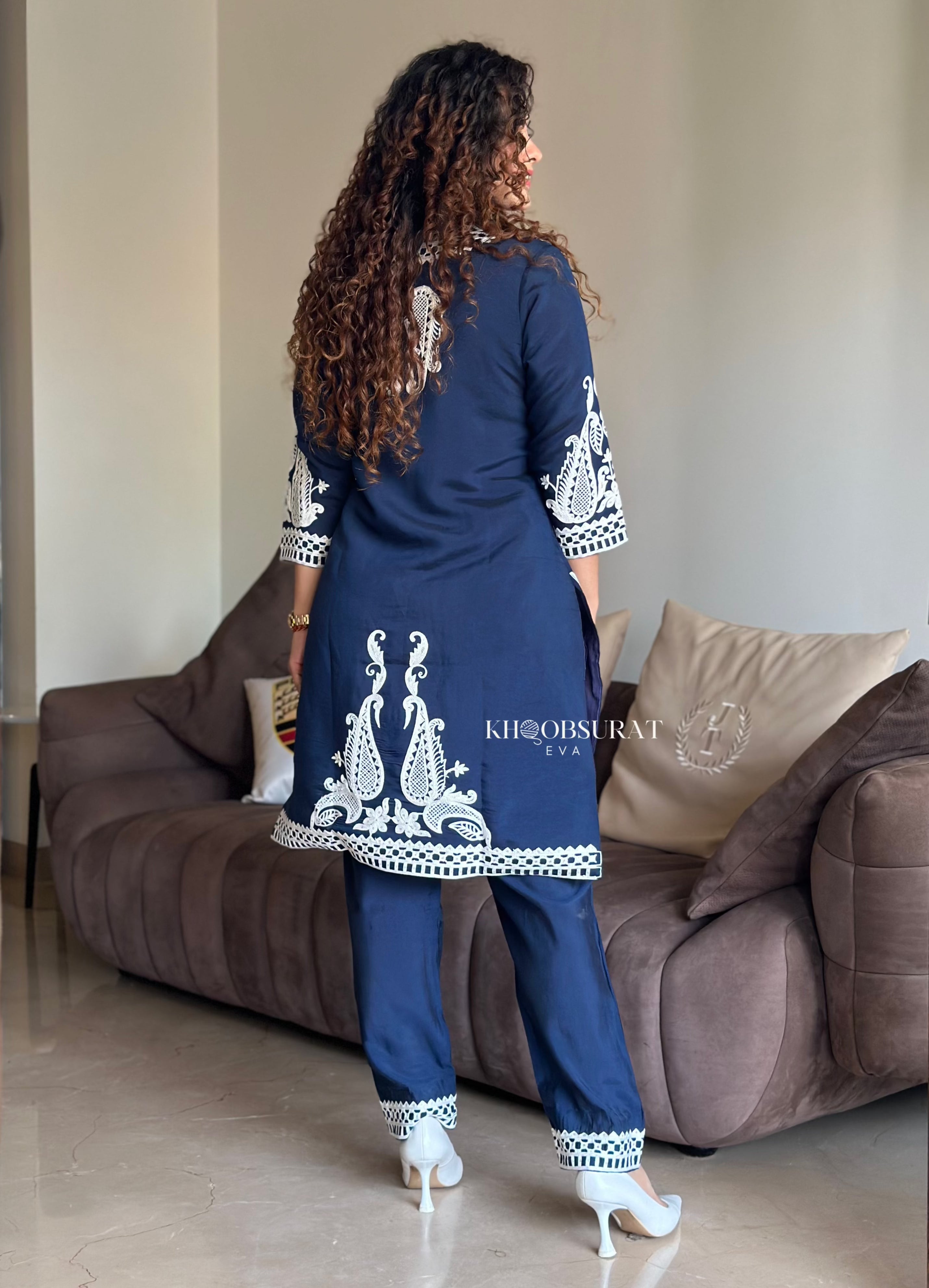 Sapphire Stitch Embroidered Blue Matching Outfit Set for Women - Elegant Lounge Wear & Casual Date Night Outfits