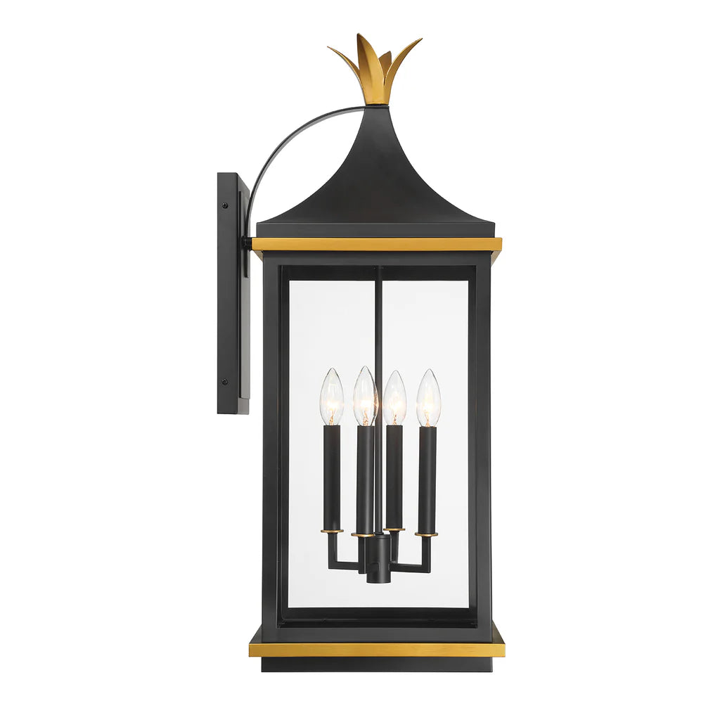 Simpson 4-Light Outdoor Wall Sconce - 12.25x31.5 Inch Matte Black Stainless Steel & Glass Fixture with Textured Gold Finish - 120V 4 E12 Candelabra Base LED Bulb Sockets - Perfect for Patio, Garden, Porch, Exterior Walls & Entryway Lighting