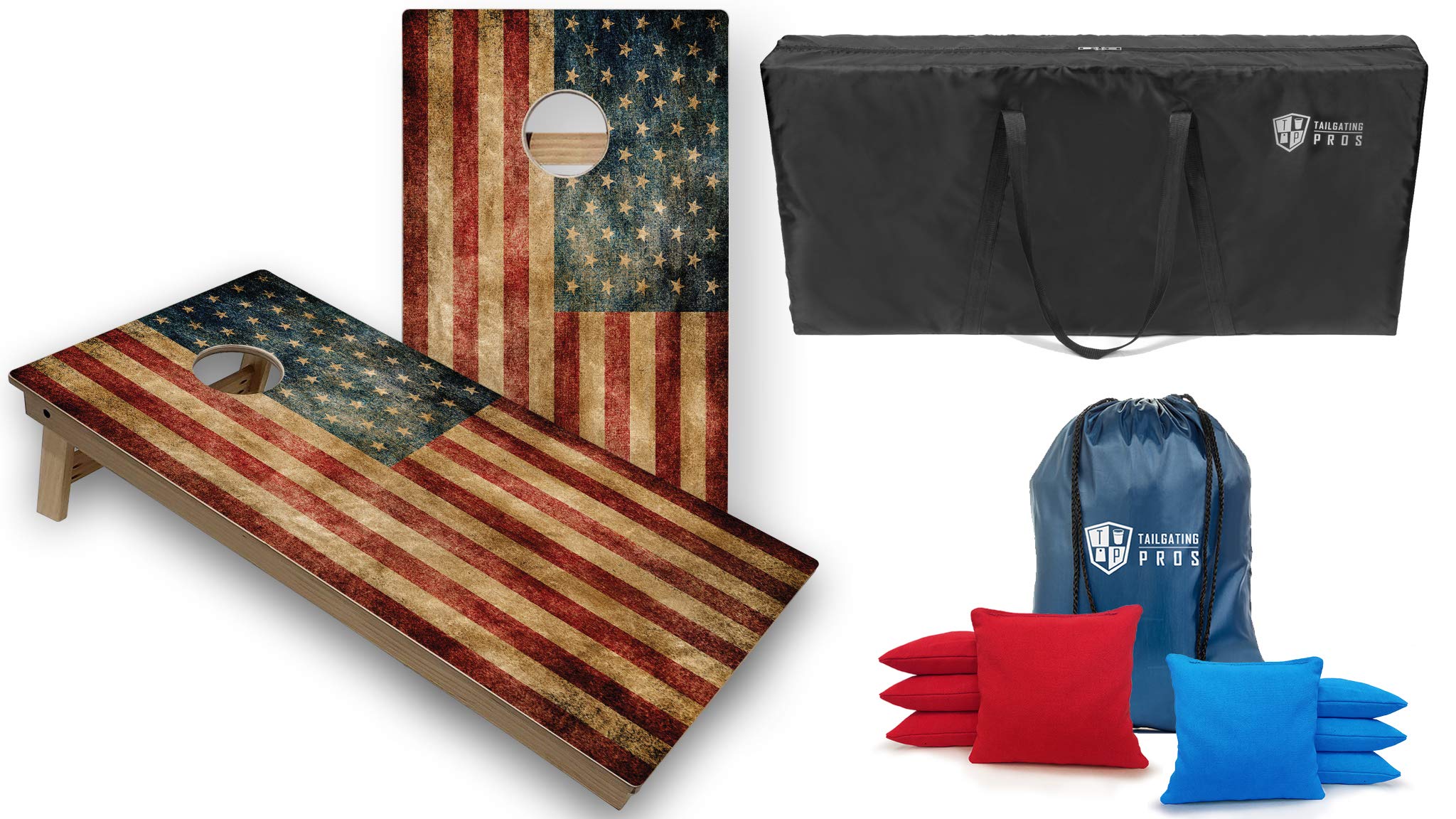Tournament Grade Cornhole Game Set - 2 Professional 4'x2' Distressed Flag Cornhole Boards, Carrying Case & 8 Bags (LED Lights Optional) - Perfect for Backyard Parties, Tailgating & Outdoor Events