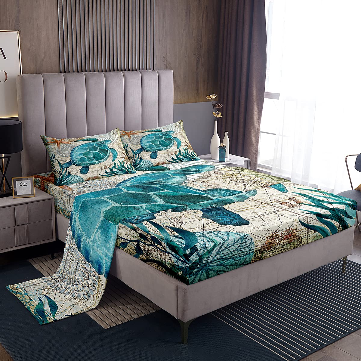 Sea Turtle Bedding Set - Ocean Beach Themed 3-Piece Sheet Set for Kids & Teens | Retro Turtle Print Bed Sheets with Fitted Sheet, Flat Sheet & Pillowcase | Twin Size | Perfect for Beach House, Summer Decor & Coastal Themed Bedrooms