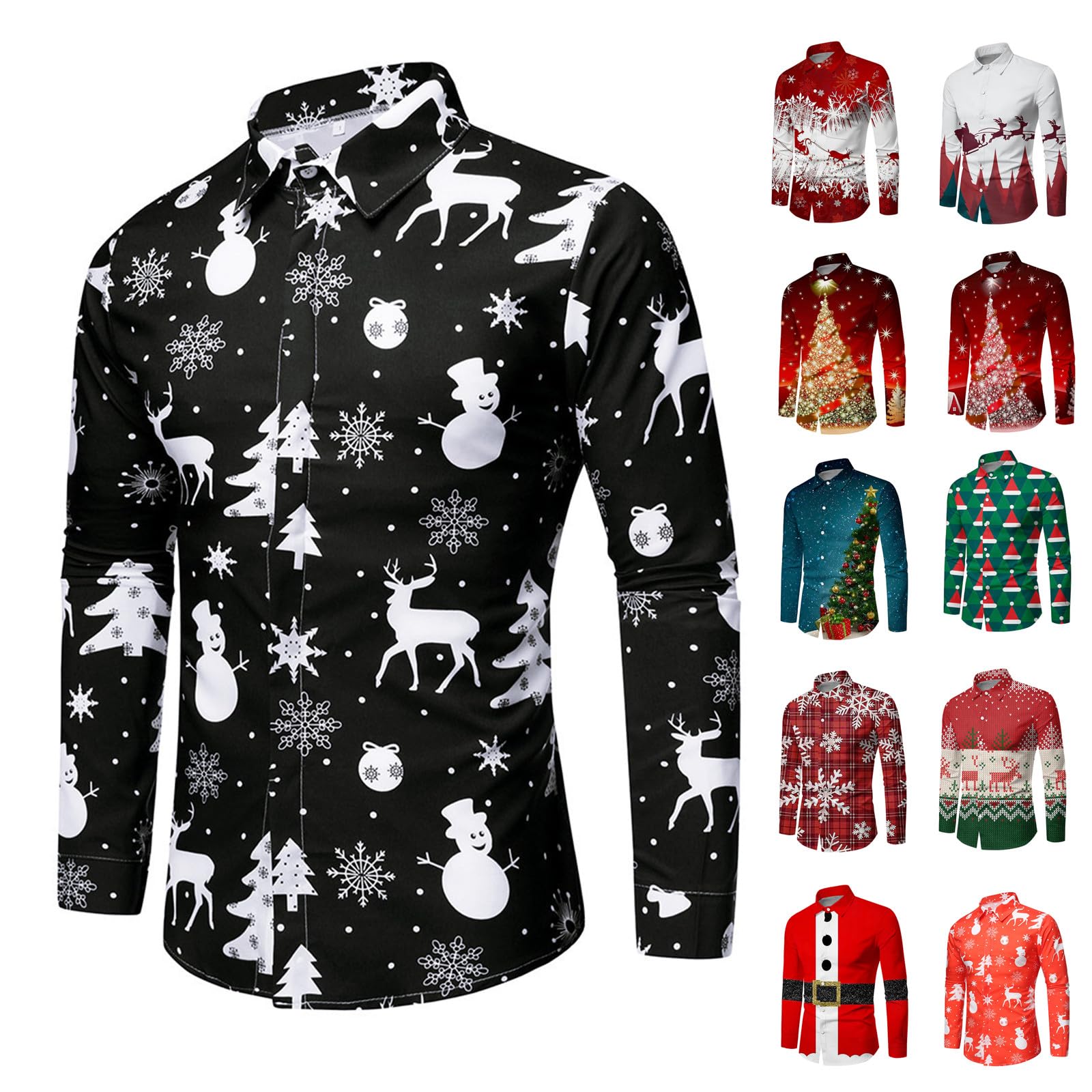 Men's Christmas Hawaiian Shirts - Long Sleeve Button Down Dress Shirts for Vacation & Holiday Parties - Plus Size Santa Themed Casual Tops for Beach, Christmas Gatherings & Festive Events