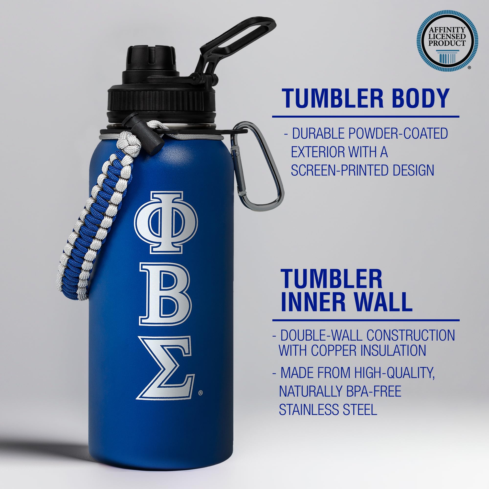 Official Phi Beta Sigma 32oz Insulated Tumbler with Paracord Handle & Carabiner Clip - Greek Letter Fraternity Stainless Steel Cup for College Students, Alumni Events & Outdoor Adventures