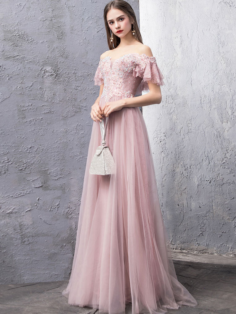 Elegant Pink Tulle Lace Off-Shoulder Long Prom Dress for Women - Formal Evening Gown for Homecoming, Ball, Wedding & Special Occasions