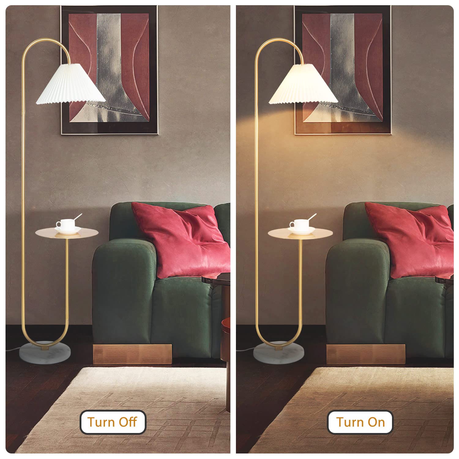 Beaysyty Modern Elegant Floor Lamp with Tray - Brass/Gold Finish & Light Yellow Pleated Lampshade for Office, Cafe, Living Room & Bedroom | Foot Switch Control | Perfect for Reading, Working & Relaxing