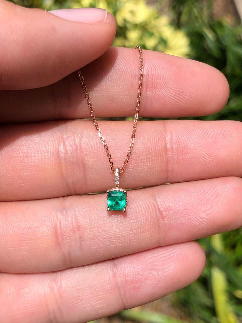 0.55tcw Petite Natural Emerald & Diamond Accent Rose Gold Necklace for Women - Elegant Birthstone Jewelry Gift for Mom, Wife, Anniversary & Special Occasions
