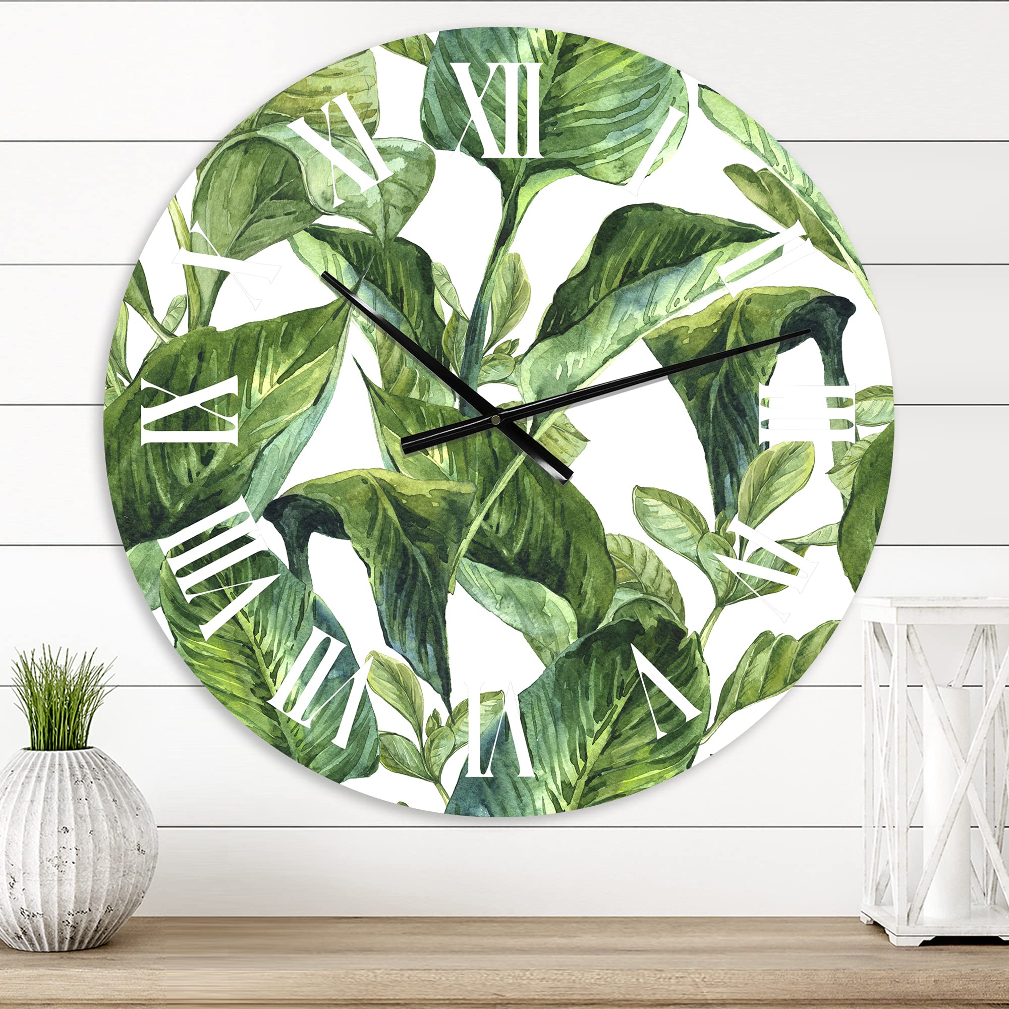DesignQ Tropical Wall Clock with Foliage of Tropical Leaves - Large Floral & Botanical Wall Decor for Living Room, Bedroom, Office | Perfect for Home, Beach House & Tropical Themed Spaces