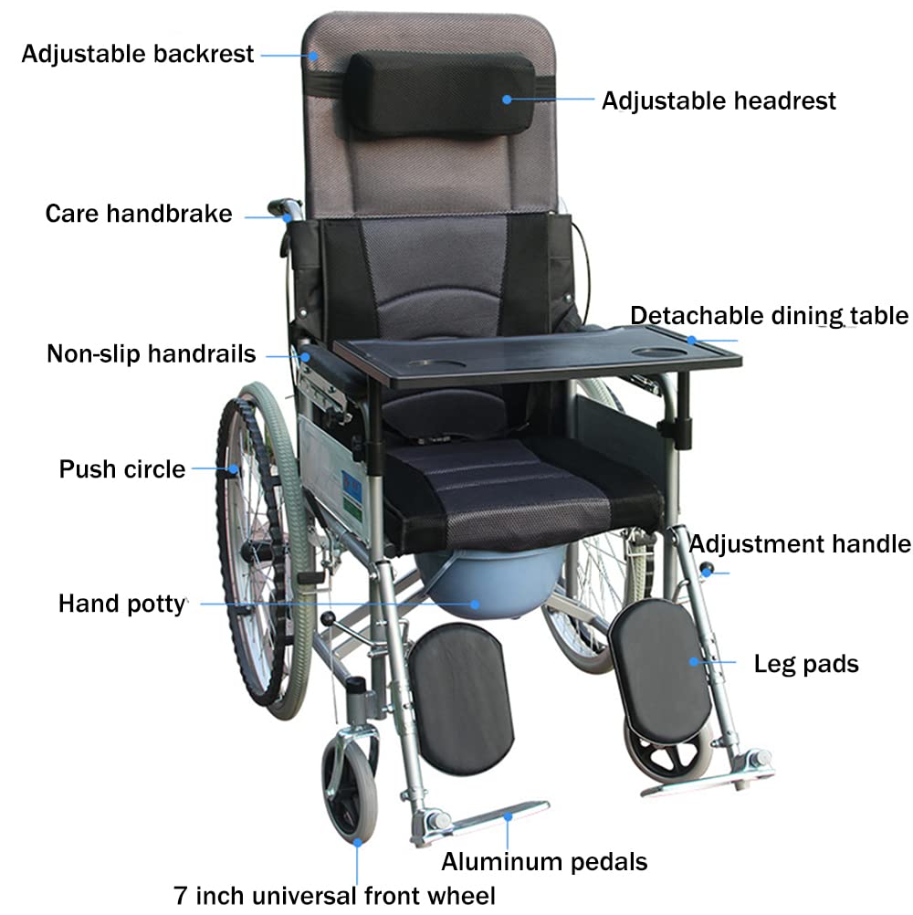 180° Reclining Wheelchair with Commode - 6-Speed Adjustable Folding Shower Chair for Elderly & Disabled Adults | Bedside Toilet & Bathroom Safety Solution for Home Care & Mobility Assistance