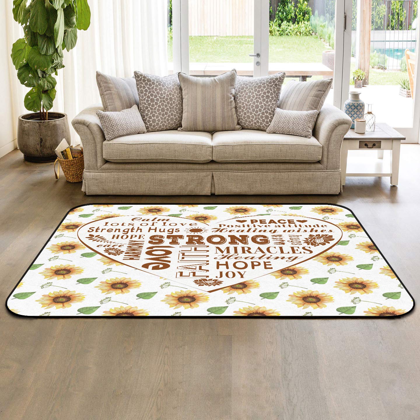Non-Slip 5'x7' Inspirational Quote Area Rug - Washable Sunflower Design for Bedroom, Nursery, Living Room Decor | Perfect for Kids' Rooms & Cozy Home Spaces