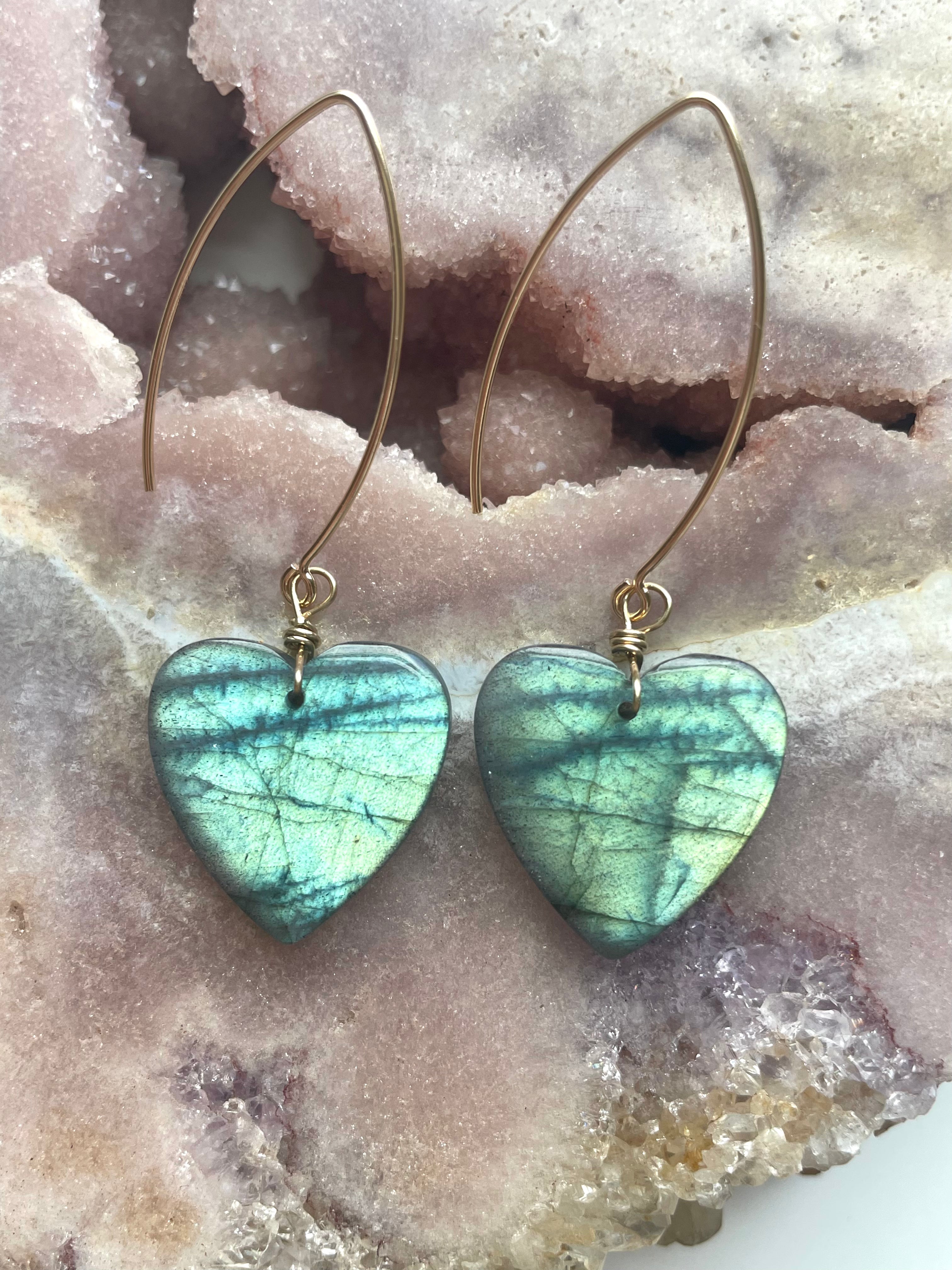 Statement Gold Labradorite Heart Dangle Drop Crystal Earrings for Women | Elegant Bohemian Jewelry for Party, Wedding & Special Occasions