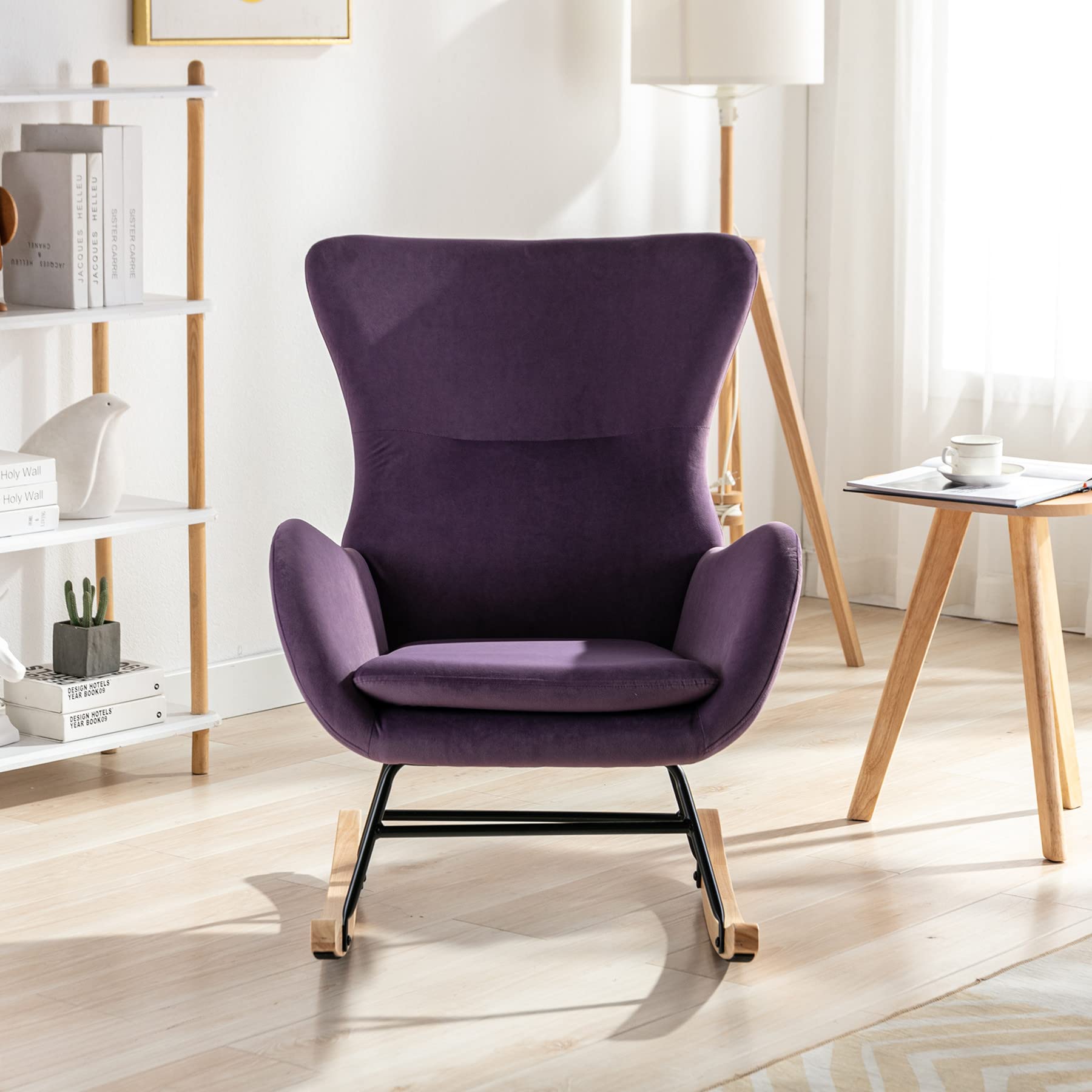 SSLine Comfortable Nursery Rocking Chair - Purple Velvet Upholstered Modern High Wingback Glider Armchair for Baby Nursery, Living Room & Bedroom | Cozy Breastfeeding Rocker & Relaxing Reading Chair (B Style-Purple)