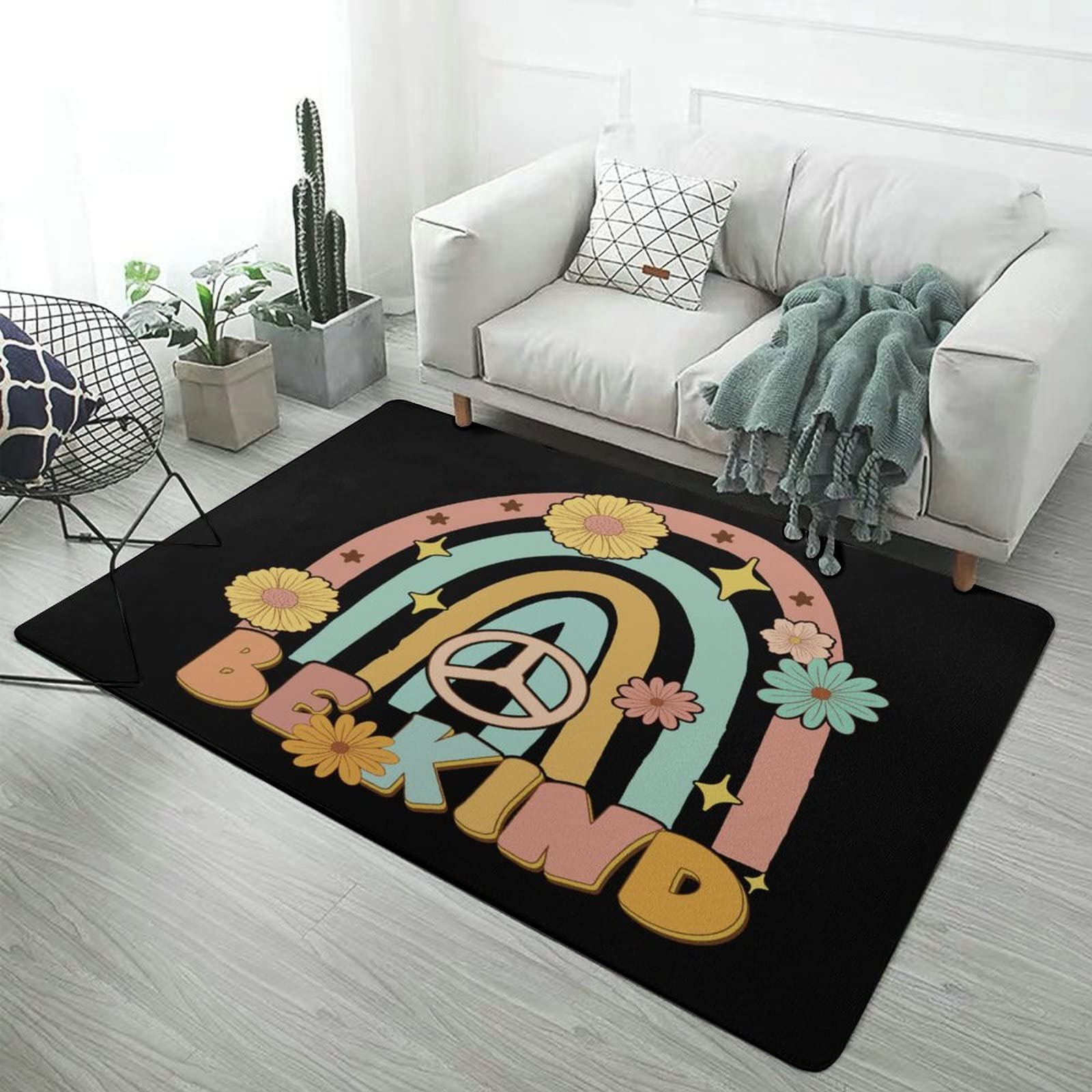 Vibrant Retro Rainbow Rug for Kids & Teens - Soft Playroom Carpet, Bedroom Floor Mat, Dorm Decor (5x6.5ft) | Perfect for Girls' Rooms, Nursery, Living Spaces & Science-Themed Feminism Decor