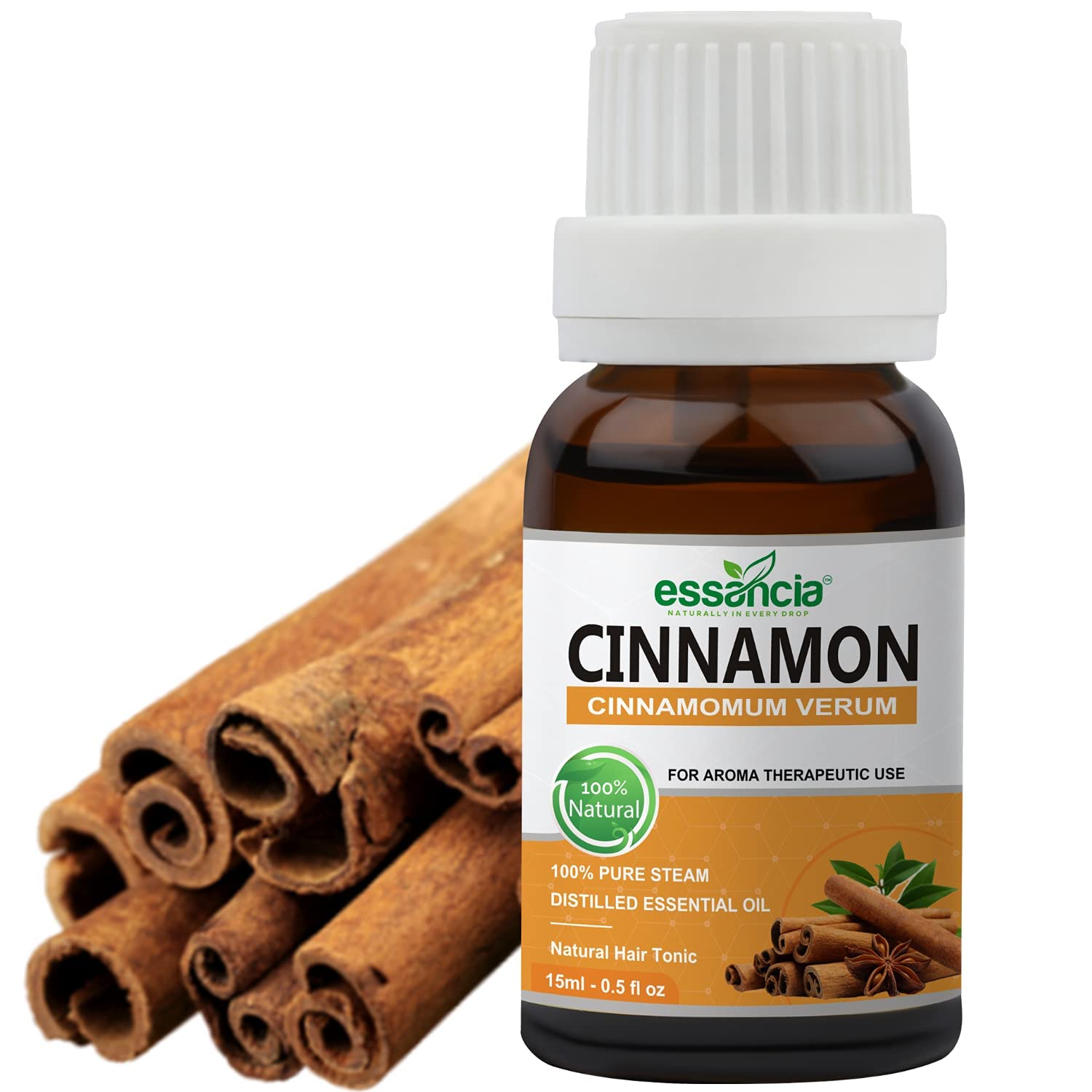 Essencia 100% Pure Cinnamon Essential Oil - 15ml Undiluted Therapeutic Grade for Hair Growth, Skin Care, Massage, Aromatherapy Diffuser | Natural Remedy for Relaxation & Wellness
